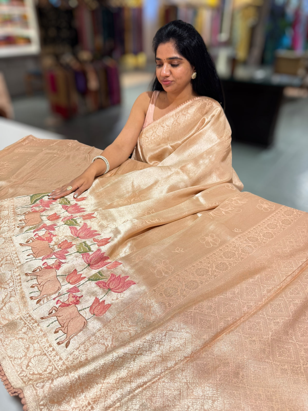 Peach Banarasi Brocade tissue saree with pichwai embroidery