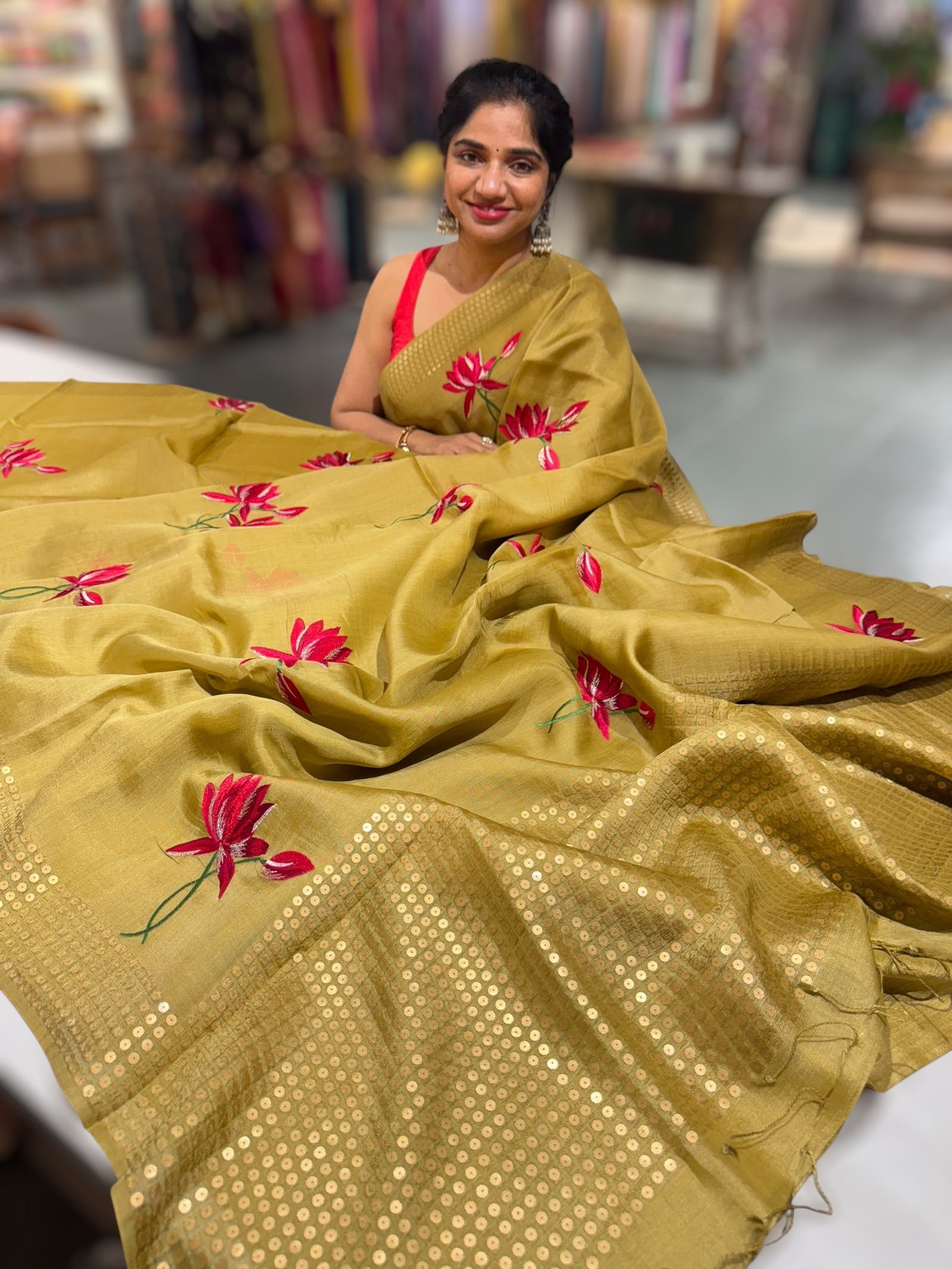 Lime yellow pure handloom tussar byloom saree with lotus embroidered bunch motifs