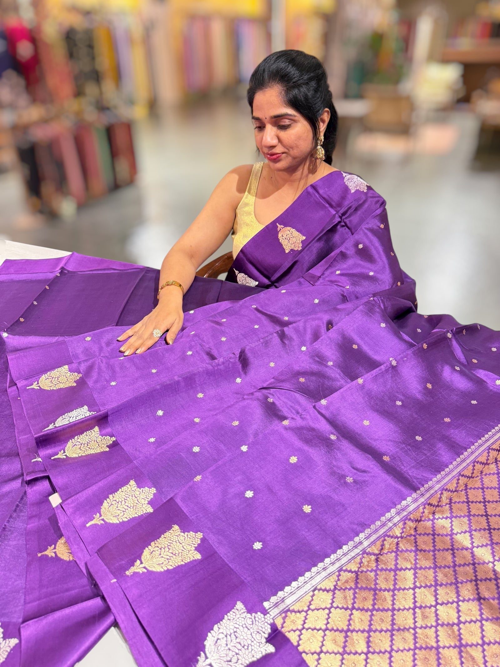 Brinjal Poona Silk Saree with kaduwa woven Motifs on Mashru Borders