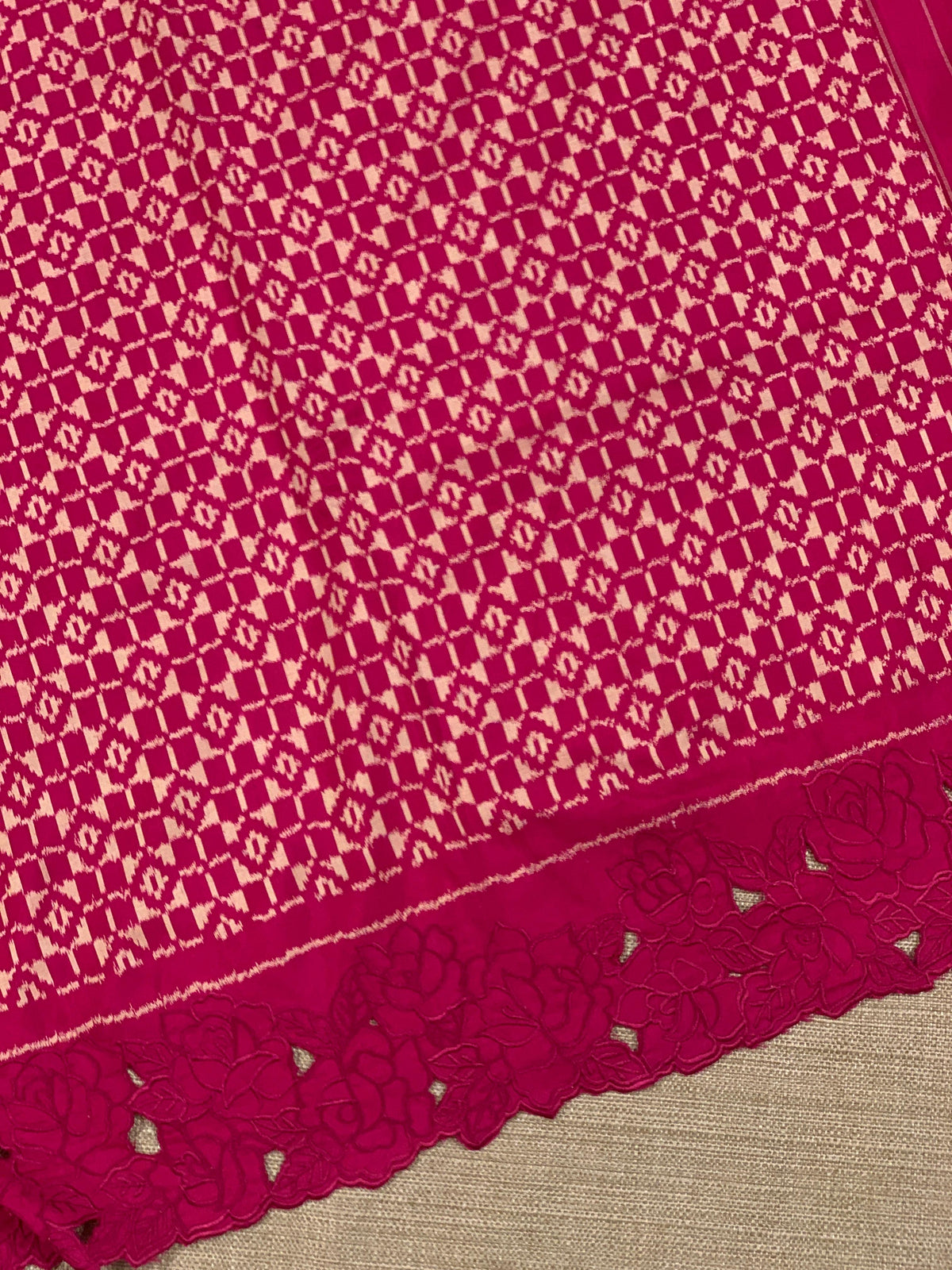 Beetroot Pink Cambodian–inspired Ikkat Silk Saree with cutwork Rose Border