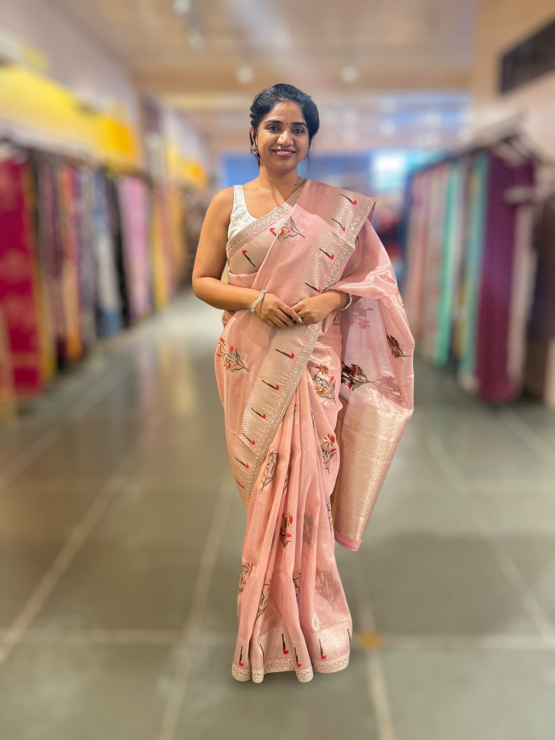 Baby Pink Tissue Kota Saree With sabhyasachi Borders and Blouses