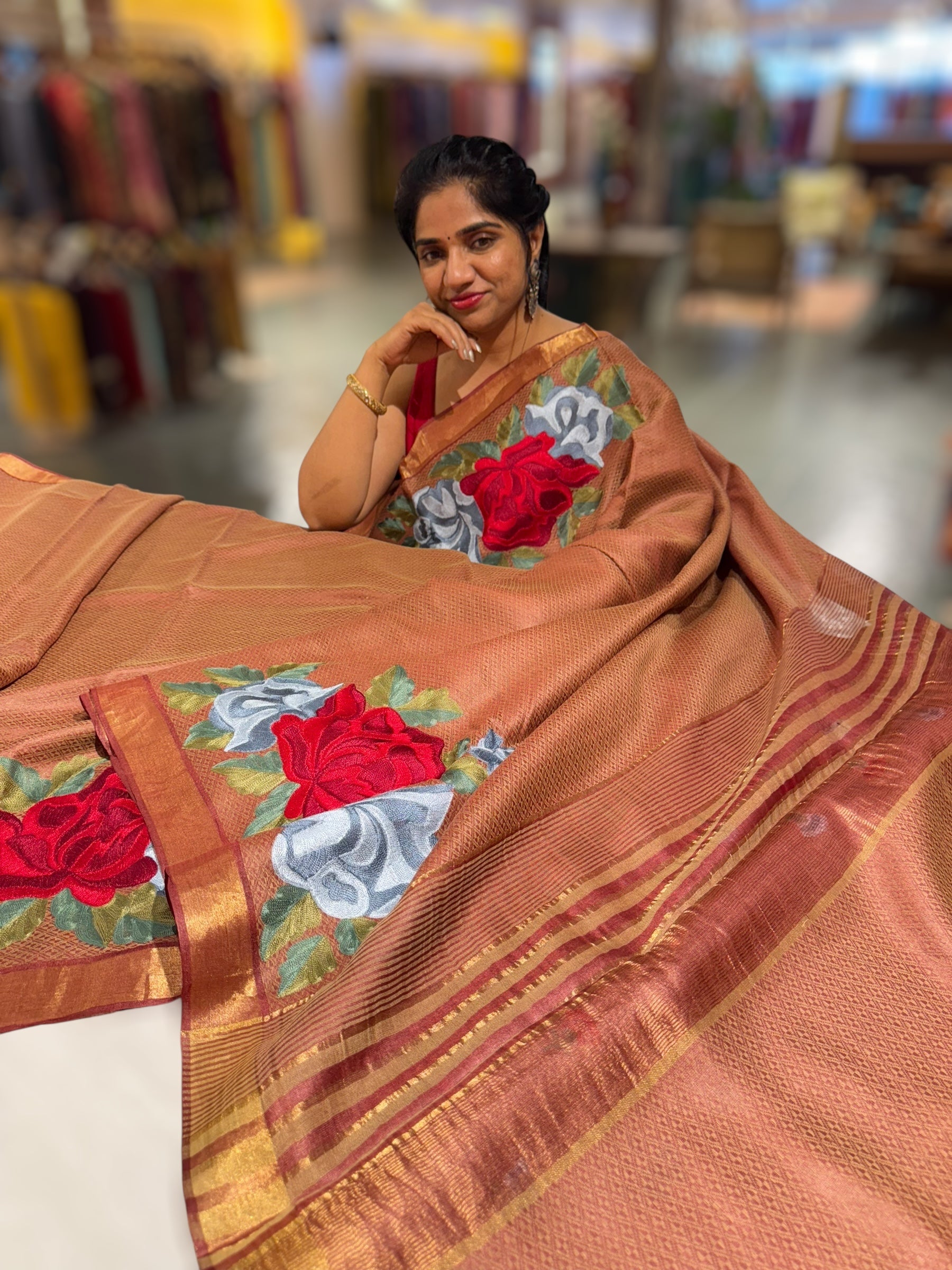 Rust Tussar Brocade Saree With Statement Red Rose Embroidery.
