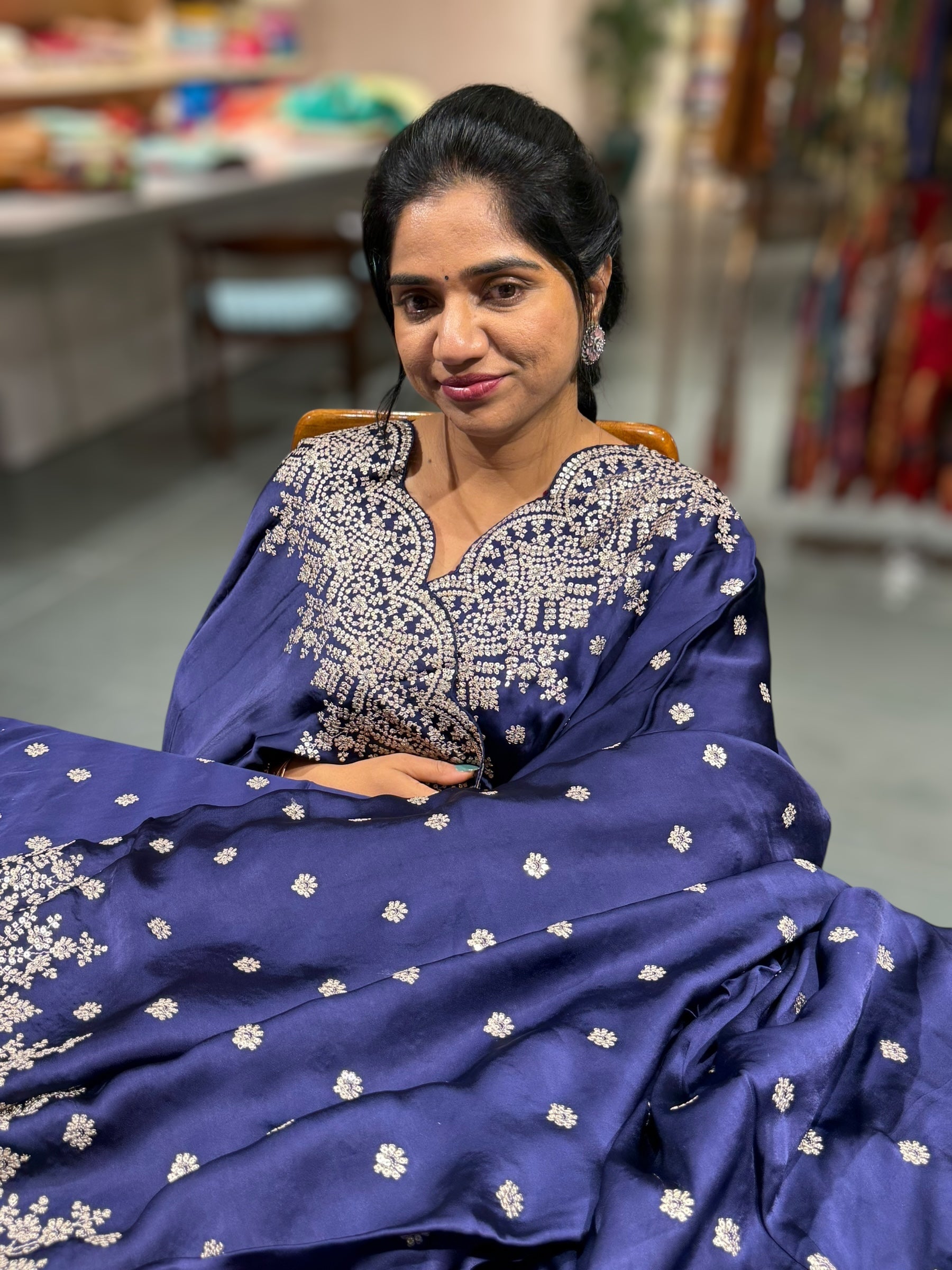 Purplish Blue Satin Saree with heavy sequnce embroidered scallop Border