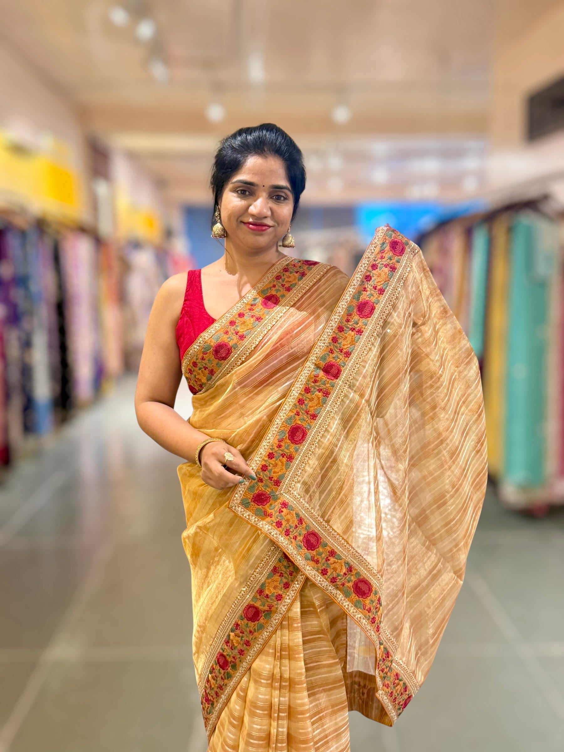 Light Orange Kora Tissue Stripes Saree with Sabhyasachi Style Embroidered Borders & Blouse