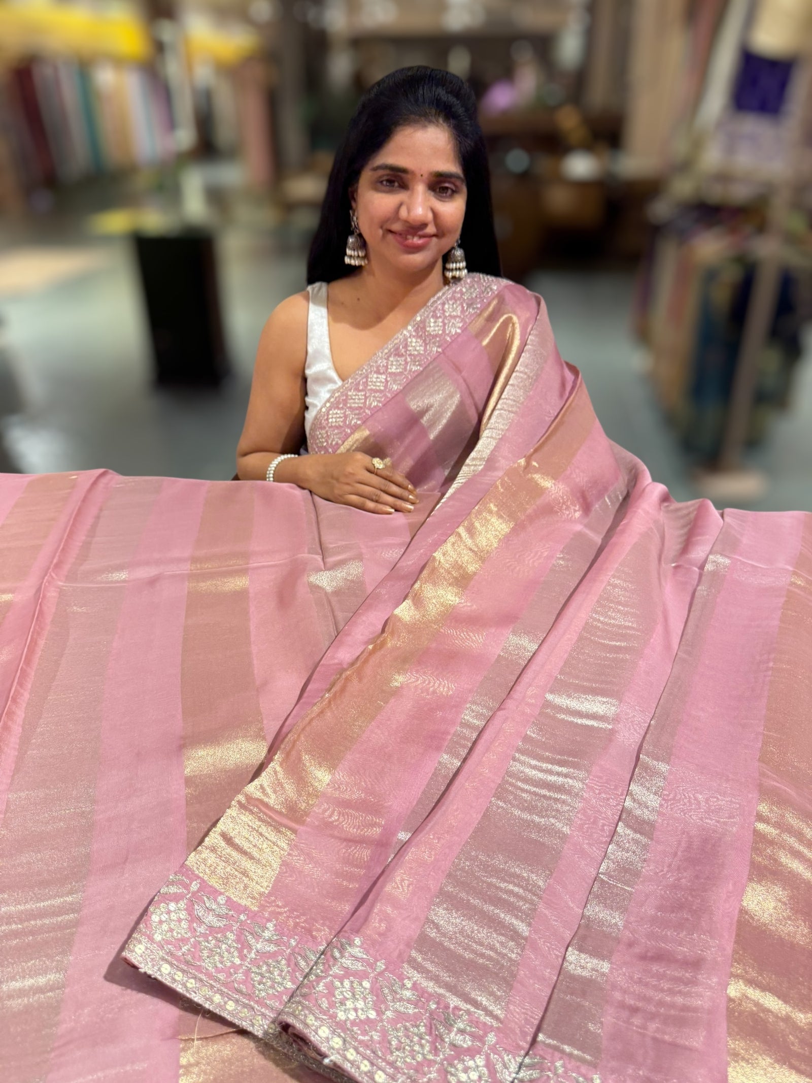 Onion Pink Kora tissue stripes saree