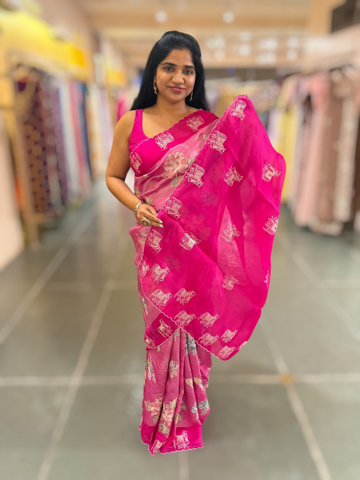 Fushcia Pink  Premium Handloom Designer Tissue saree with exquisite embroidery