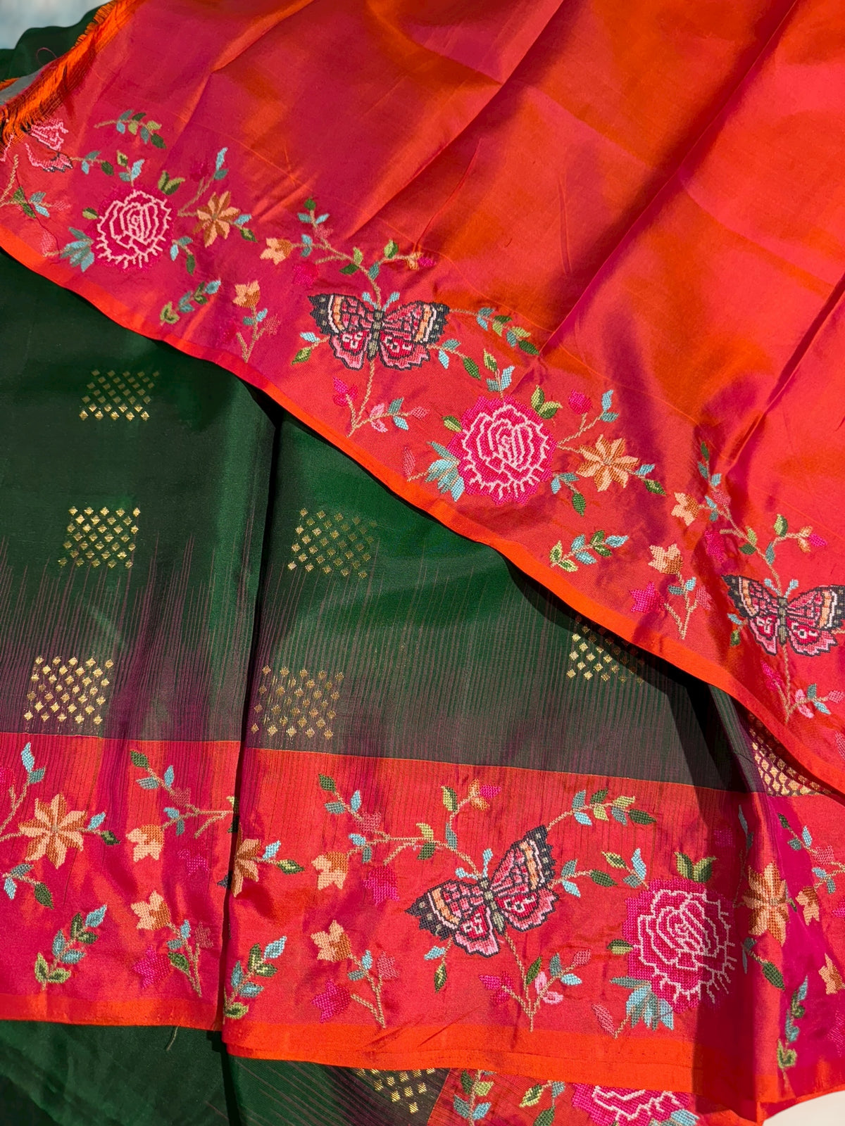 Bottle Green Kanchi Soft Silk Saree with petite point embroidered border