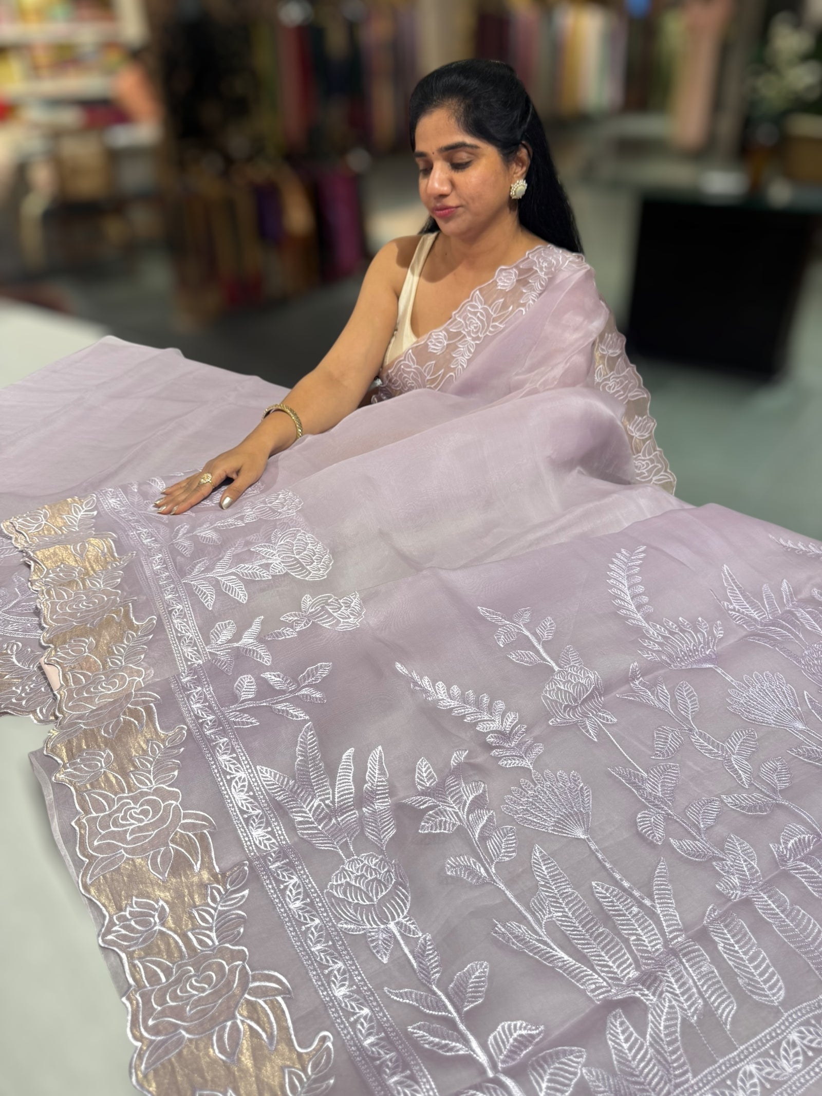 Lilac Organza saree with heavy embroiderey