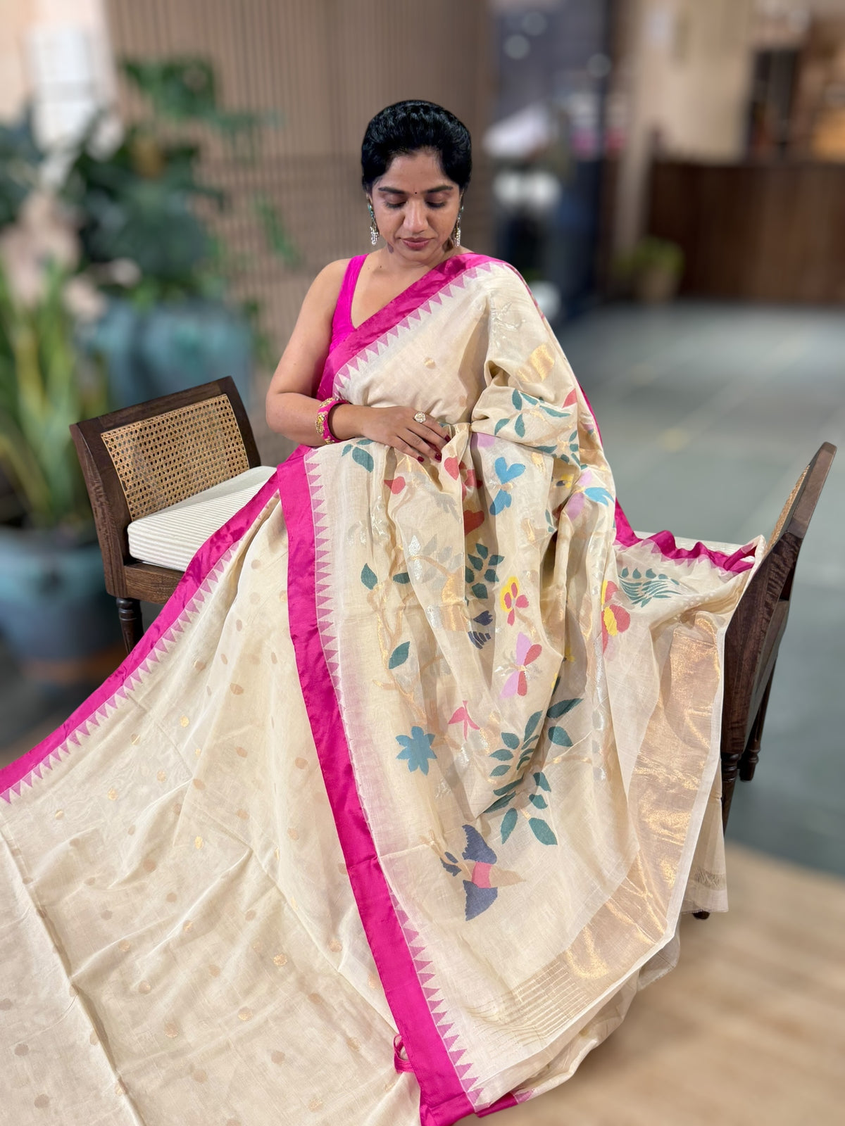 Beige Ponduru Khadi Saree with Rani Pink Temple Silk Border & Jamdani Bird Pallu