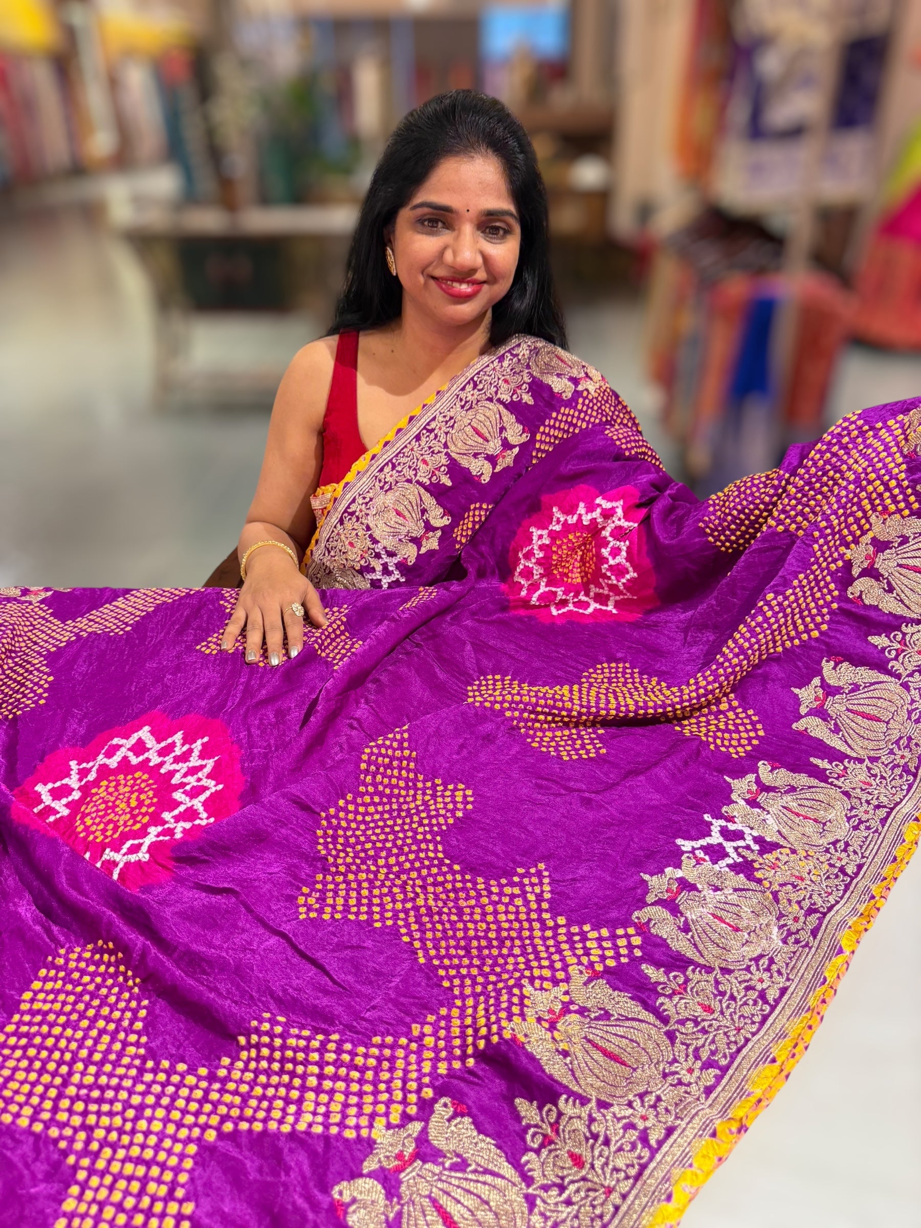 Purple Designer Rai Bandhej Saree With Embroidered Border