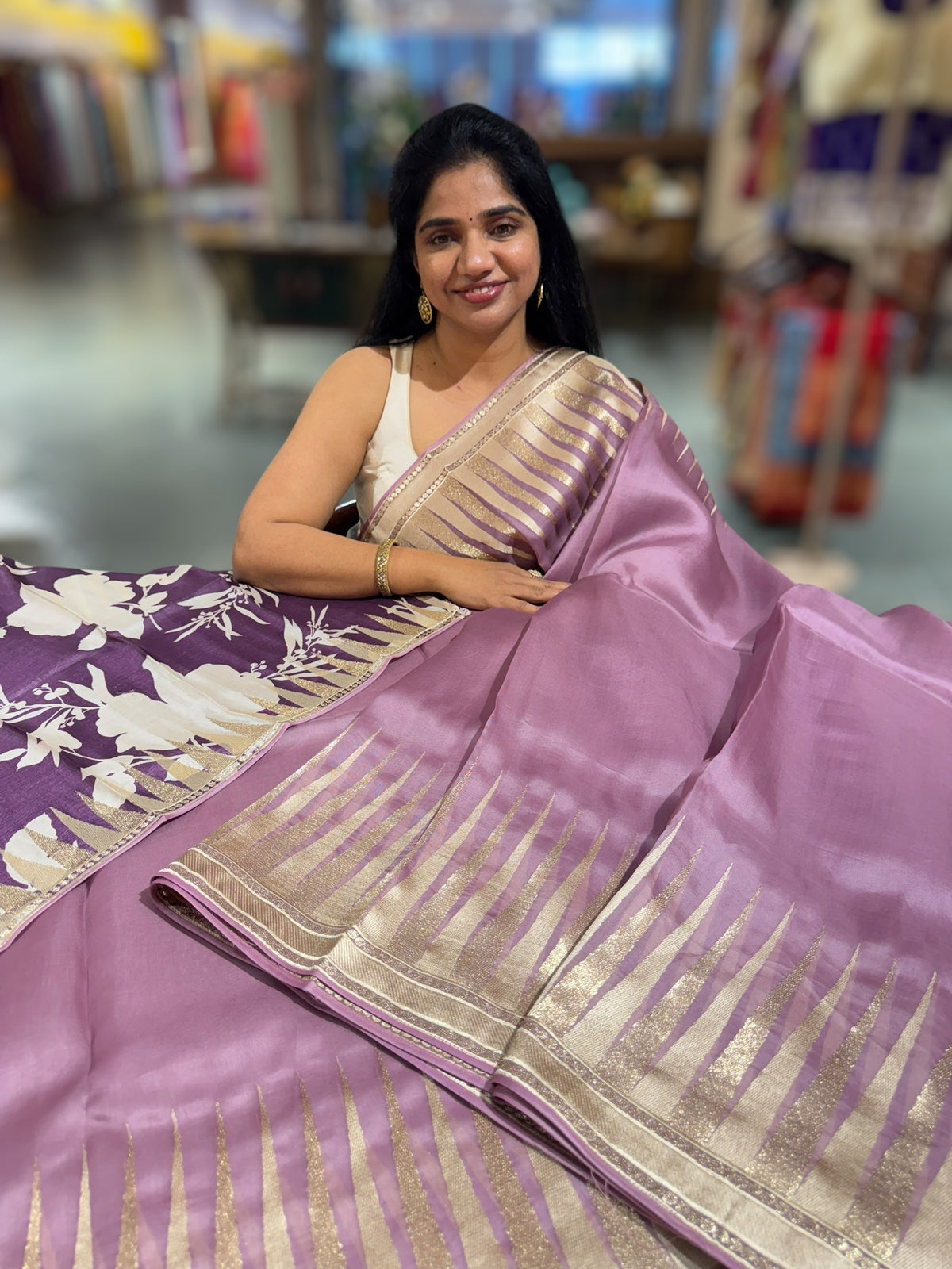 Mauve Pure Organza With Temple Embroidered Border &amp; Tussar Printed Blouse