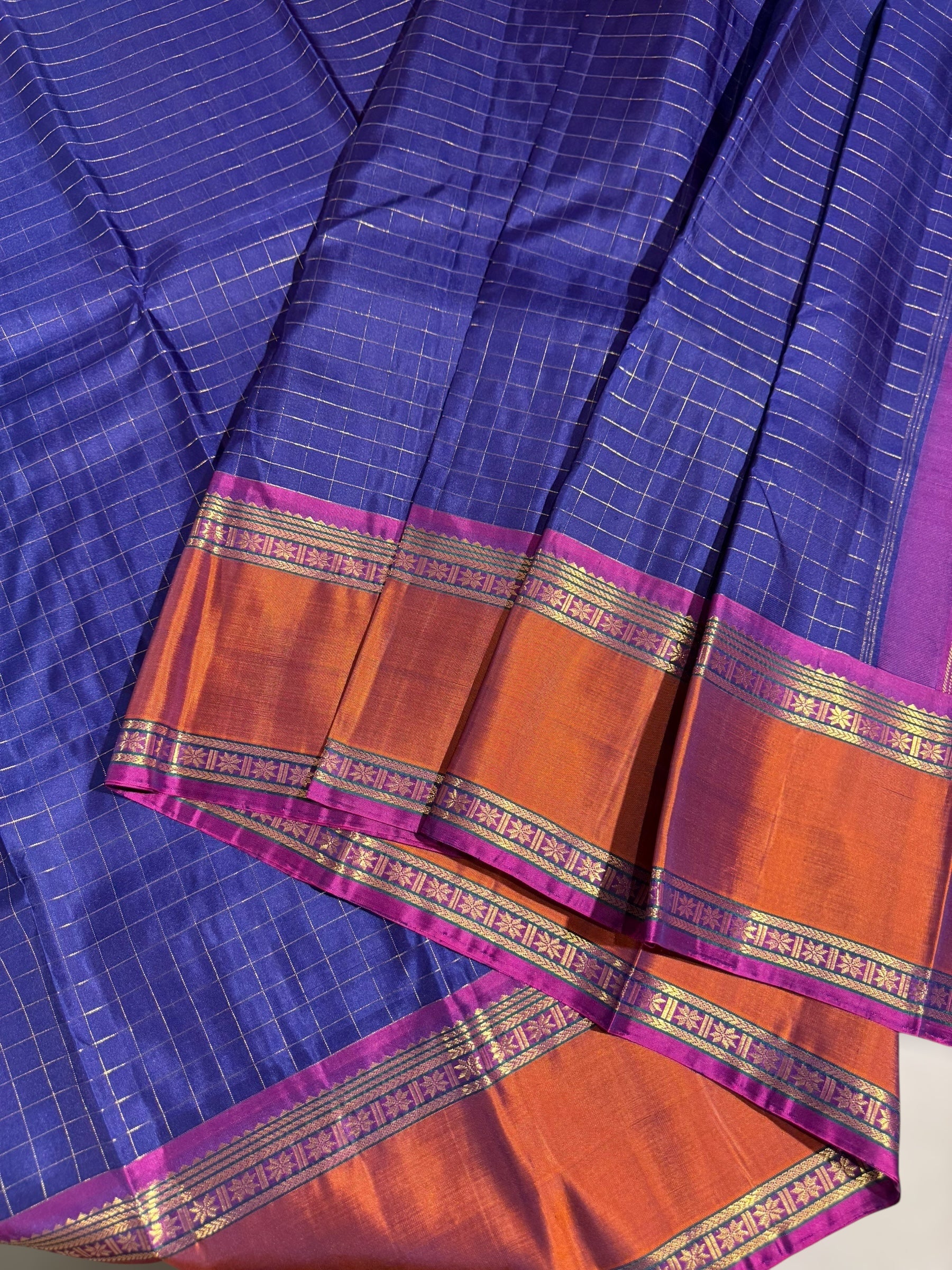 Blue  Kanchi vintage checks saree with Gap Border