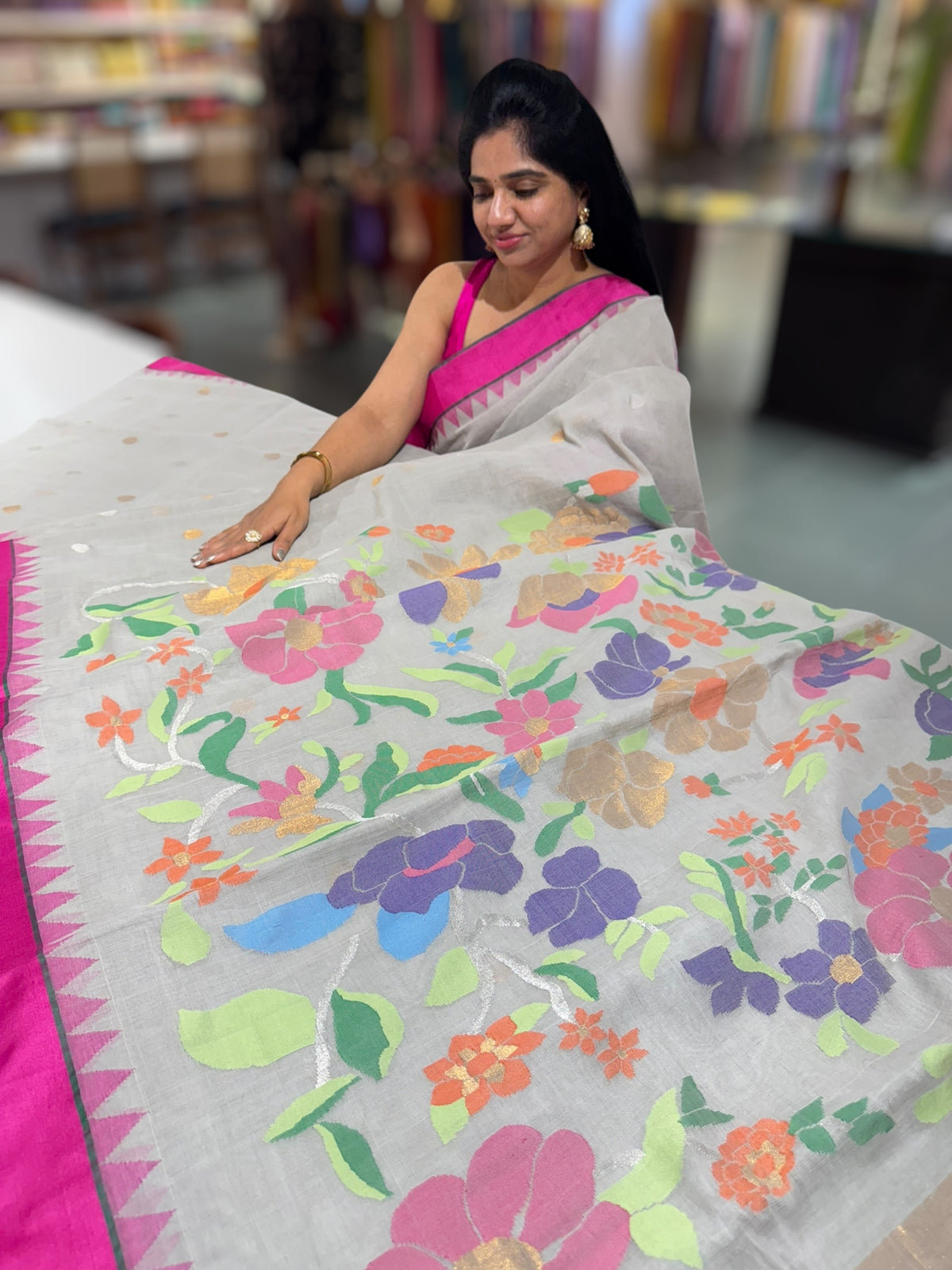 Lightest Grey pure handloom Ponduru Khadi jamdani Saree