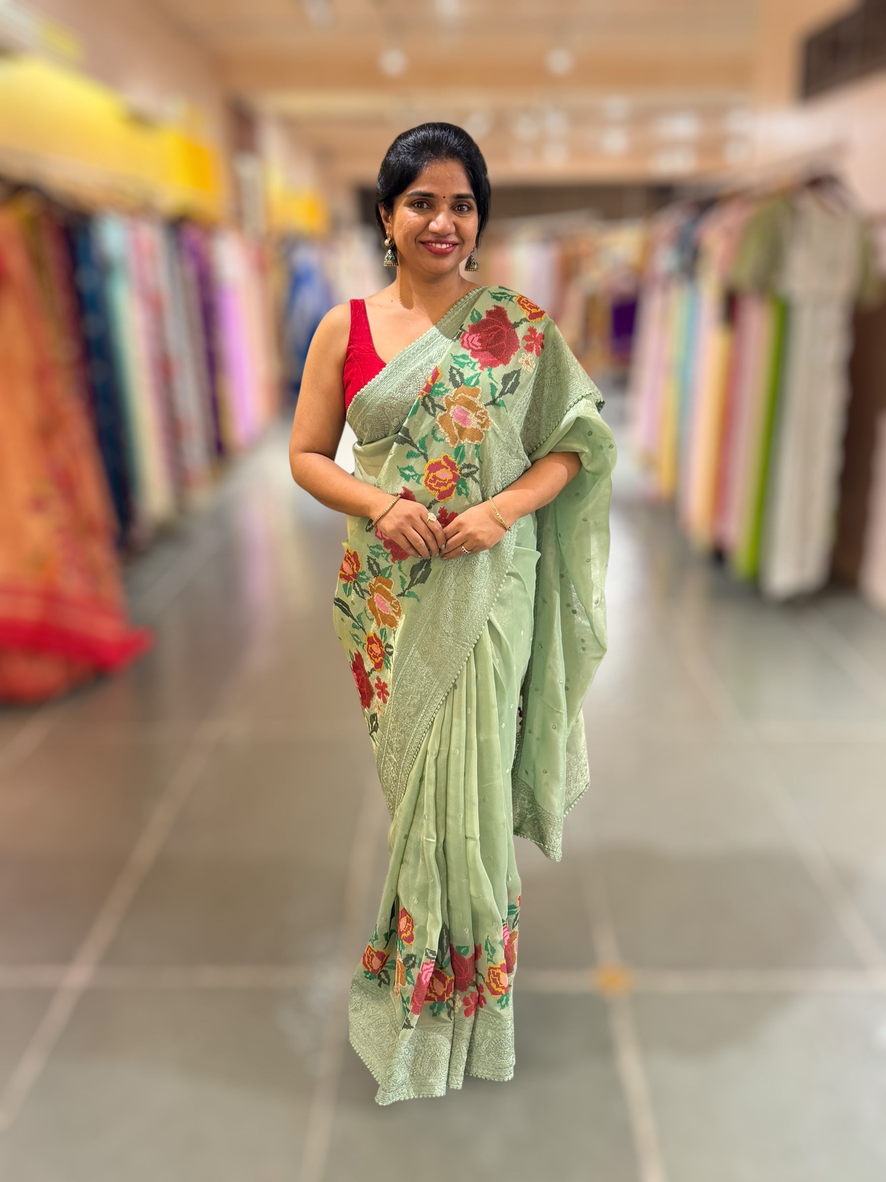 Dhaara : Sage Green Tissue Gorgette Saree