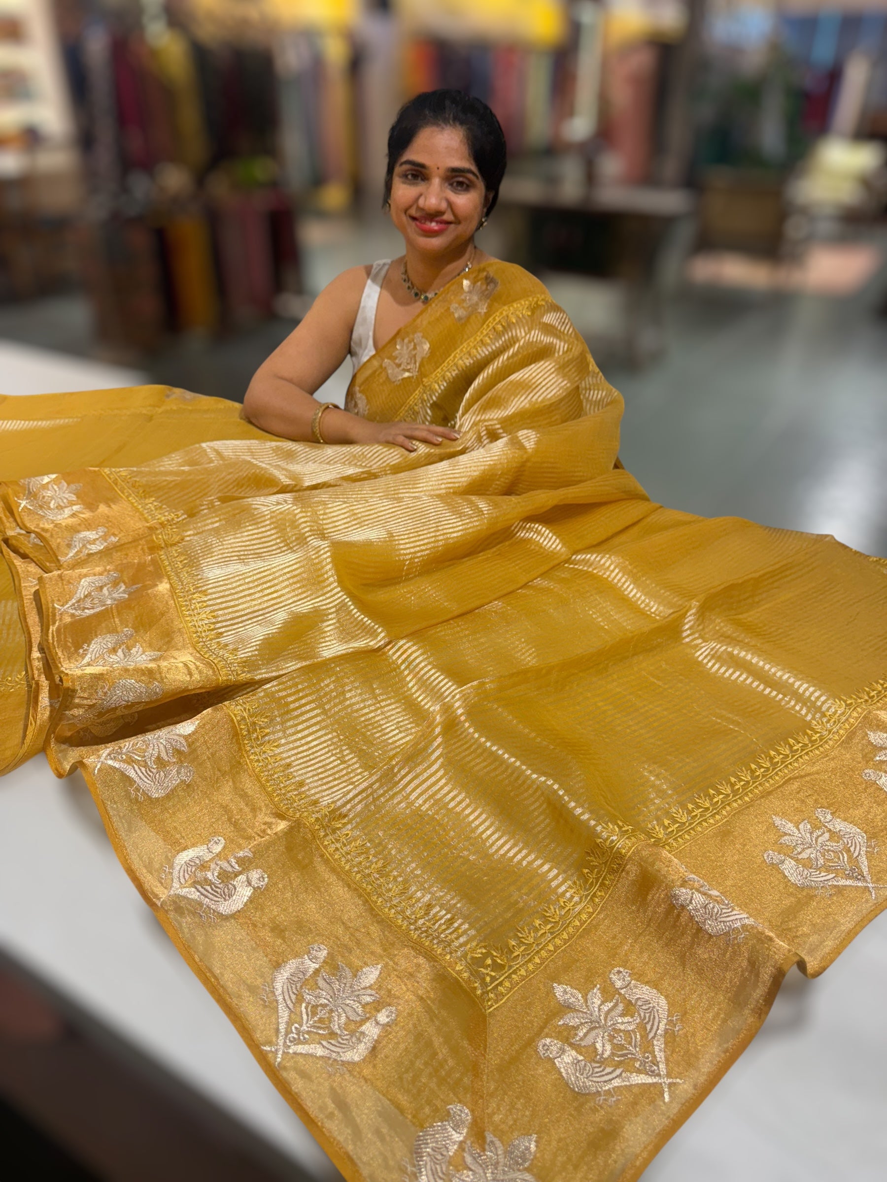 Mustard Kora tissue silver stripes Saree with double parrot  embroidered tissue border