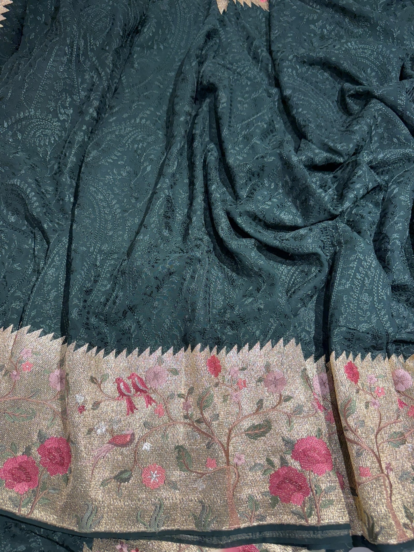 Forest Green Chikankari Georgette Saree with Tissue embroidered Border