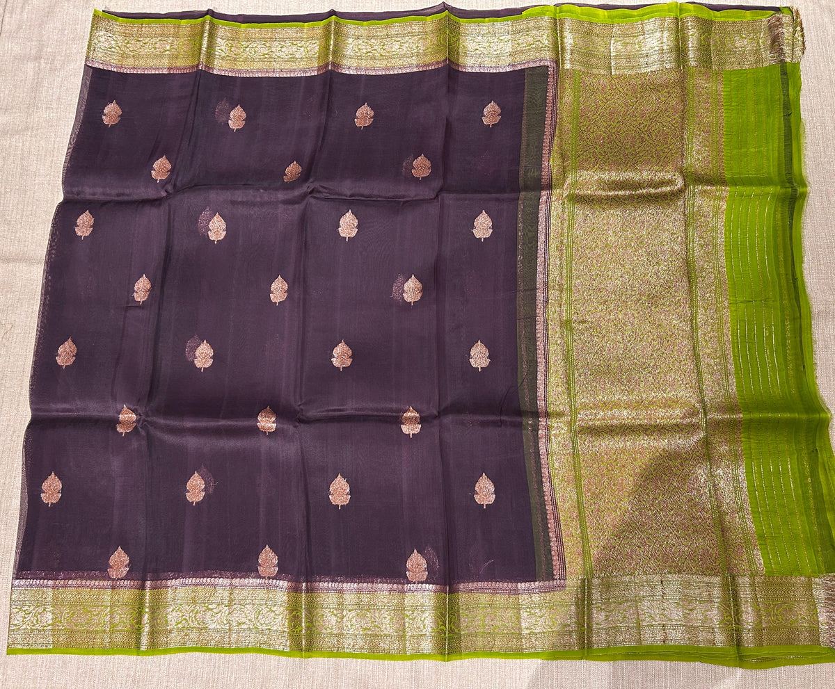 Coffee Brown & parrot Green combo Pure Handloom premium Kora Banarasi Saree