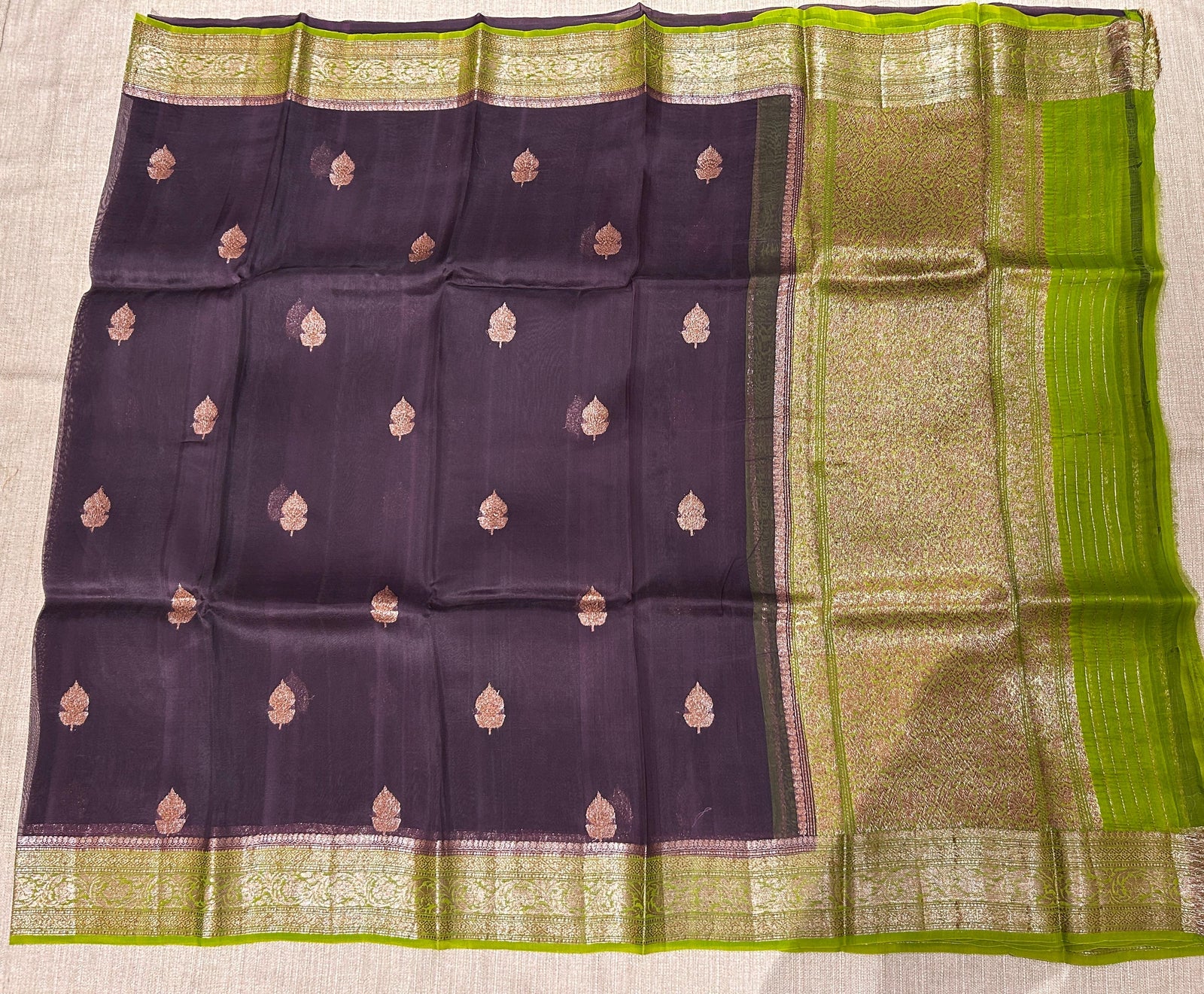 Coffee Brown & parrot Green combo Pure Handloom premium Kora Banarasi Saree