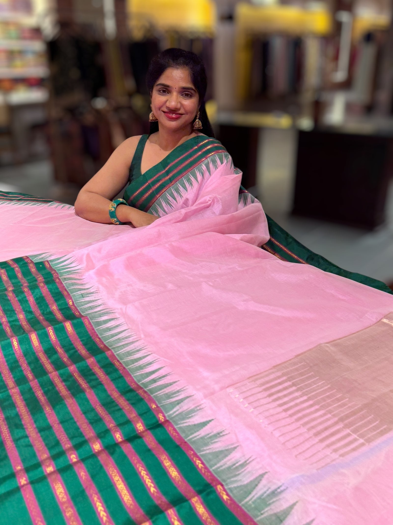 Lotus Pink Ponduru Khadi Saree  in 80’s Count with Kanchi Style Emerald Green borders