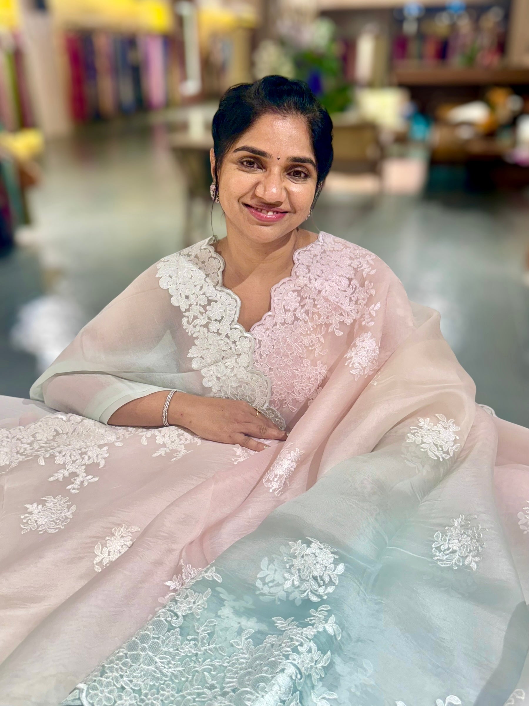 Pure Organza  Ombre Dyed Saree With allover Embroidery