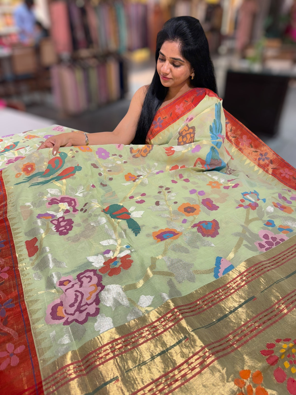 Mint allover ponduru khadi jamdani with paithani borders & Pallu