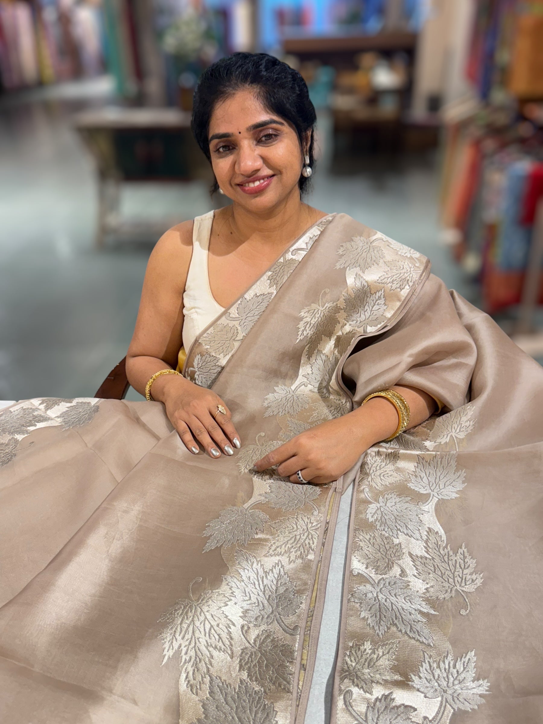 Taupe Organza Saree with Stunning Leaf Embroidered Border