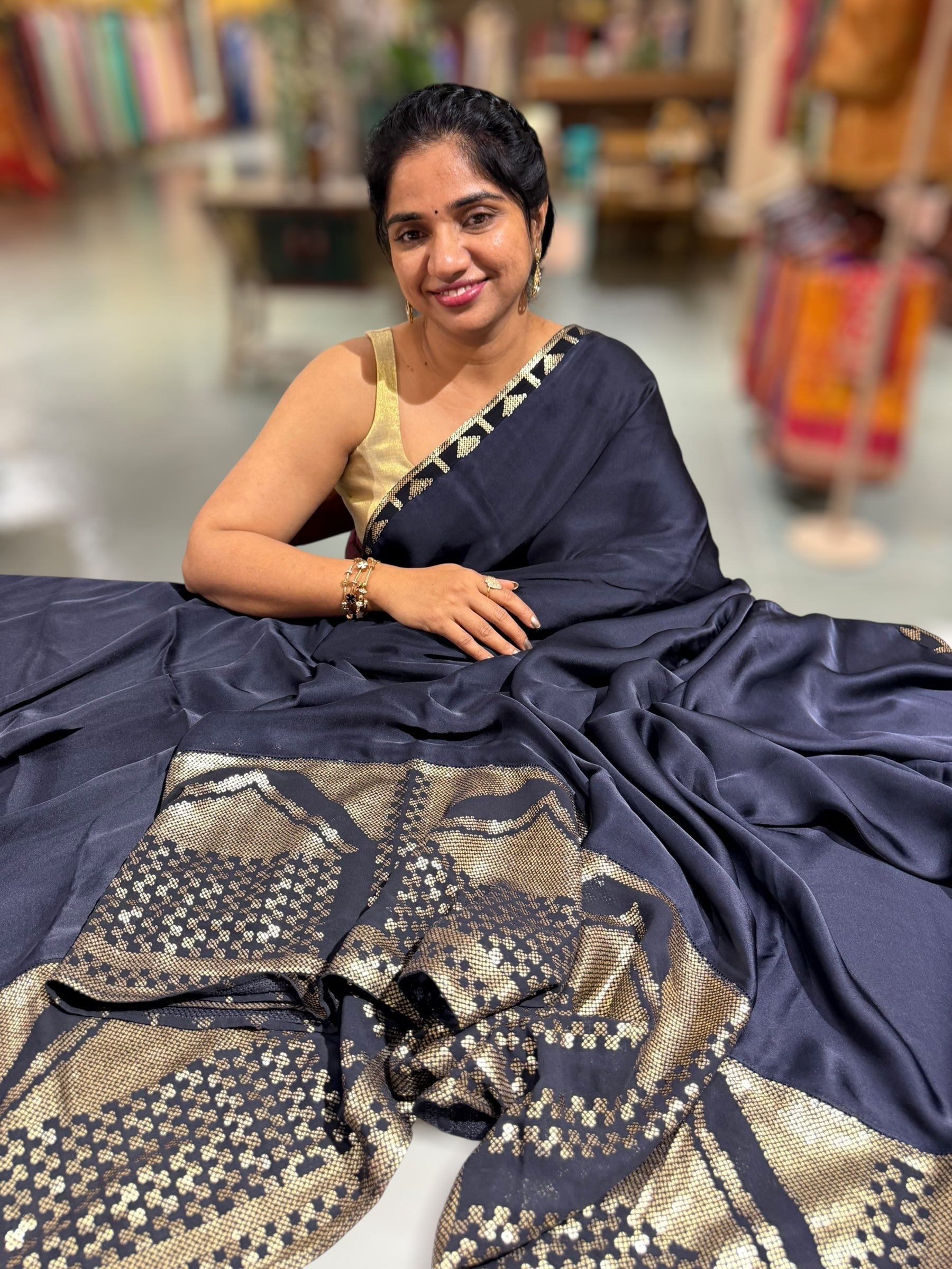 Navy pure Satin Saree with designer sequence border and blouse