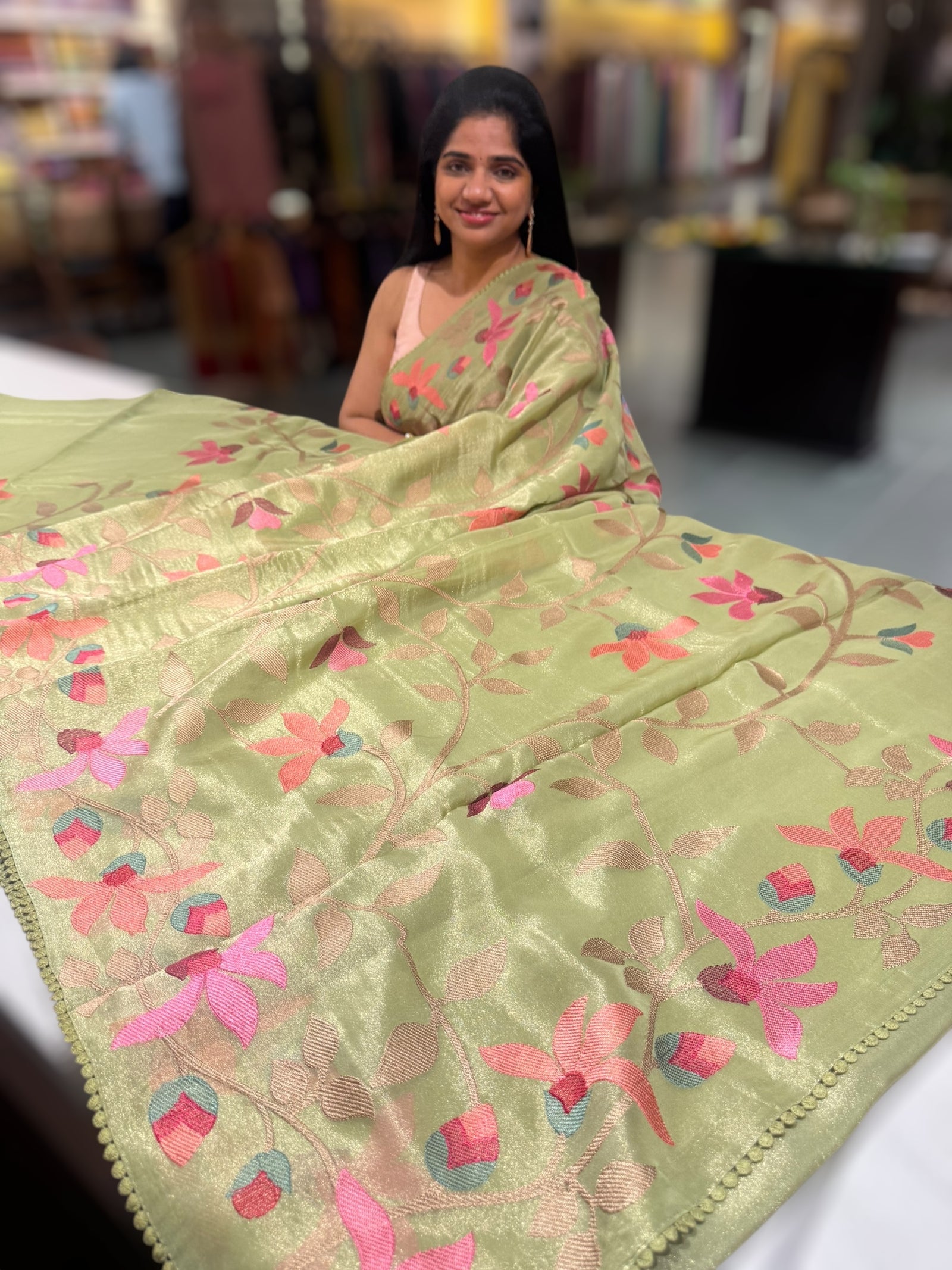 Apple Green Tissue georgette saree with embroidery