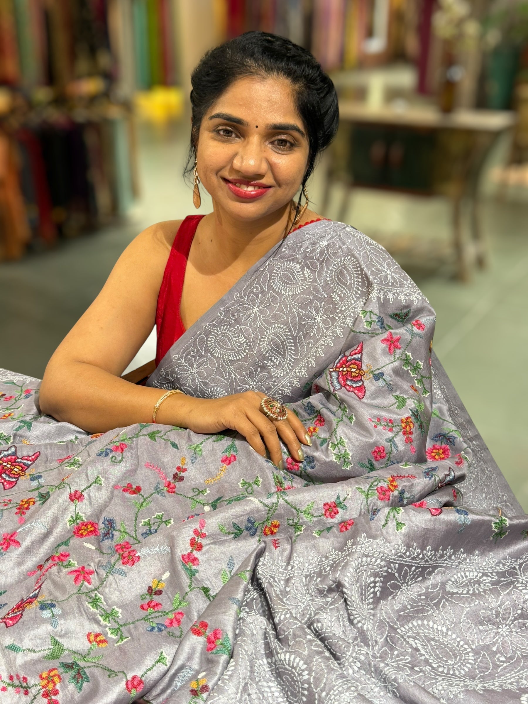 Lilac undertone tussar Saree with lucknowi border and pallu with allover petite point embroidery.