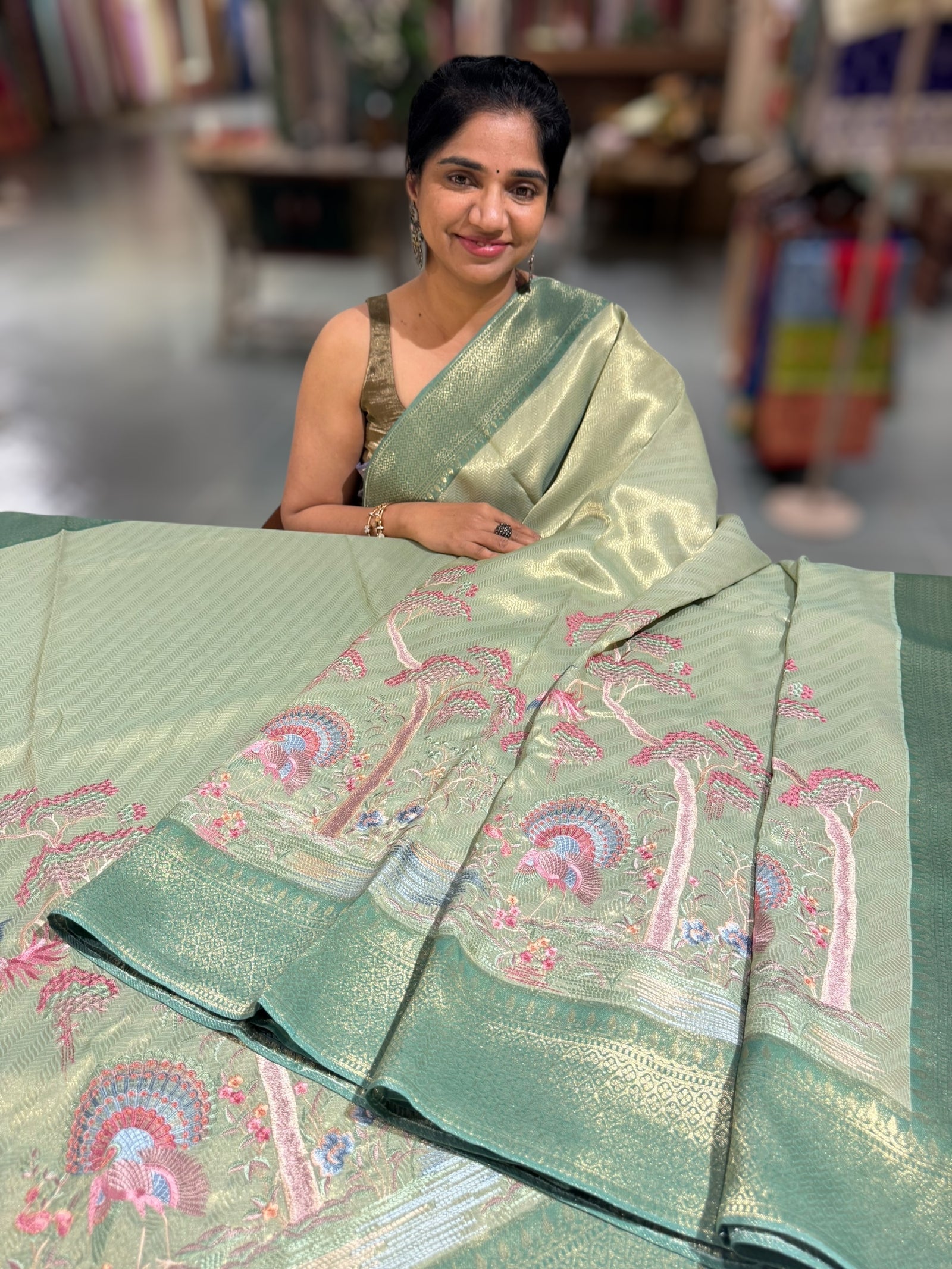 Mint Banarasi Tonchoi Brocade Saree with Parsi Gara style embroidery