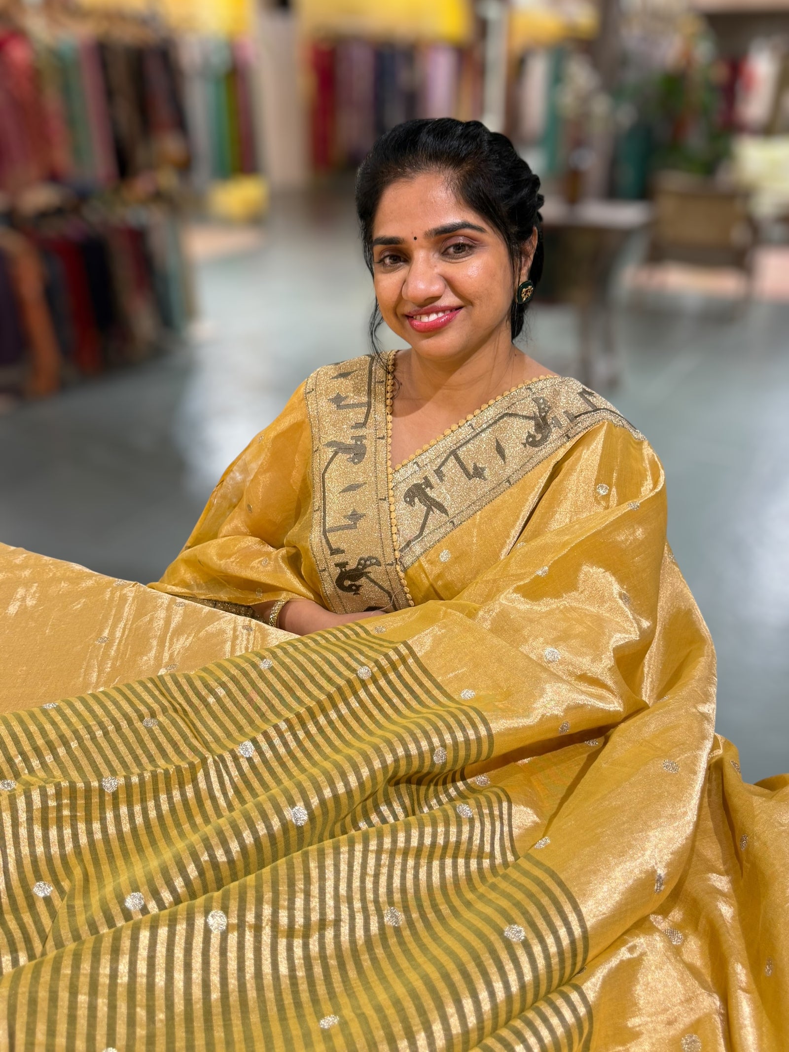 Golden Yellow kanchi Tissue saree with paithani inspired embroidery