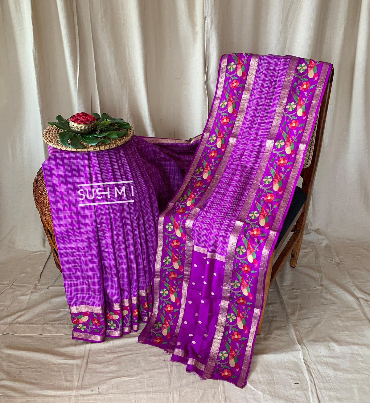 Majenta Vintage checks Kanjeevaram soft silk saree with embroidery D62F041