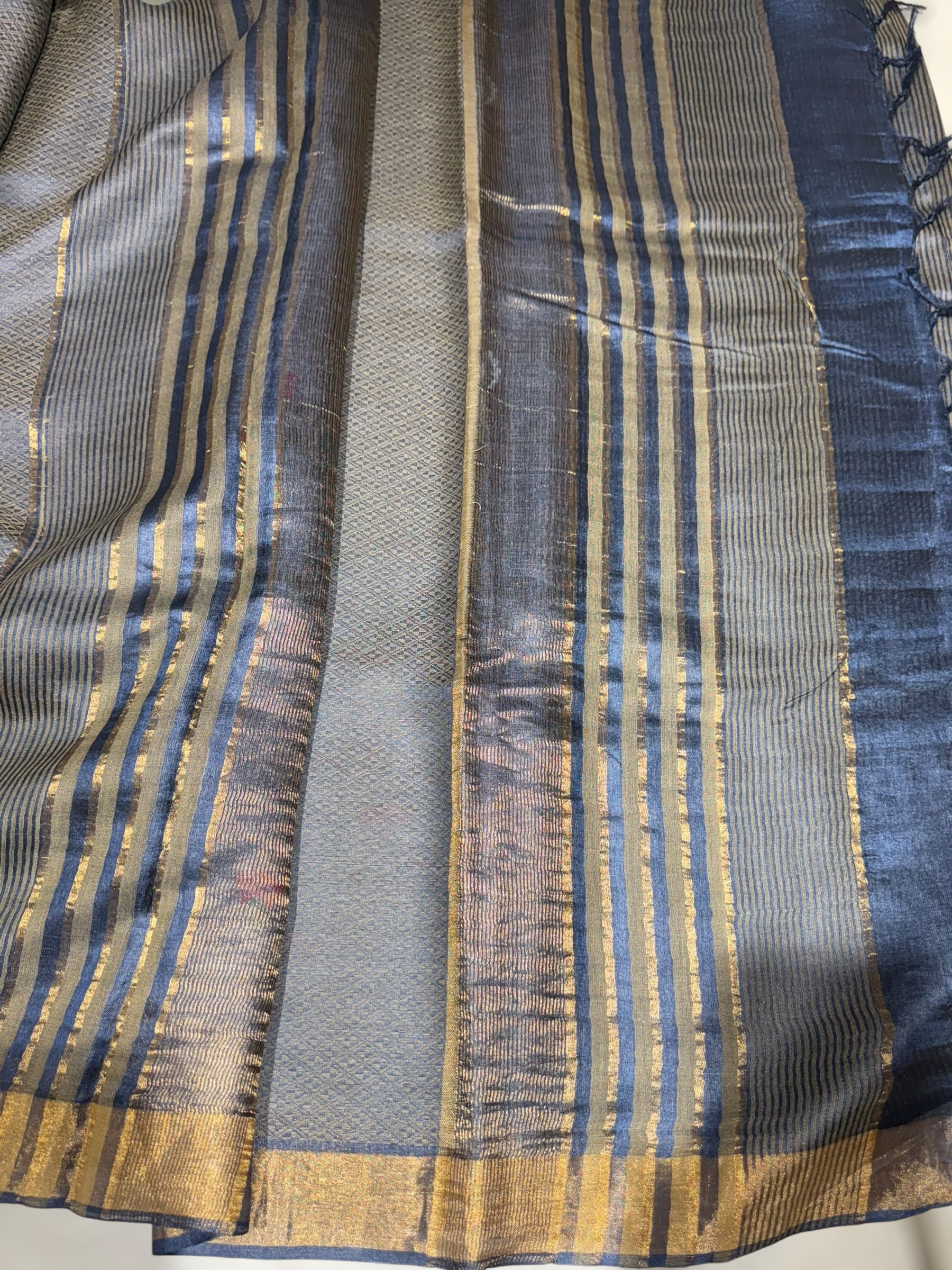 Navy Tussar Brocade Saree With Statement Red Rose Embroidery.