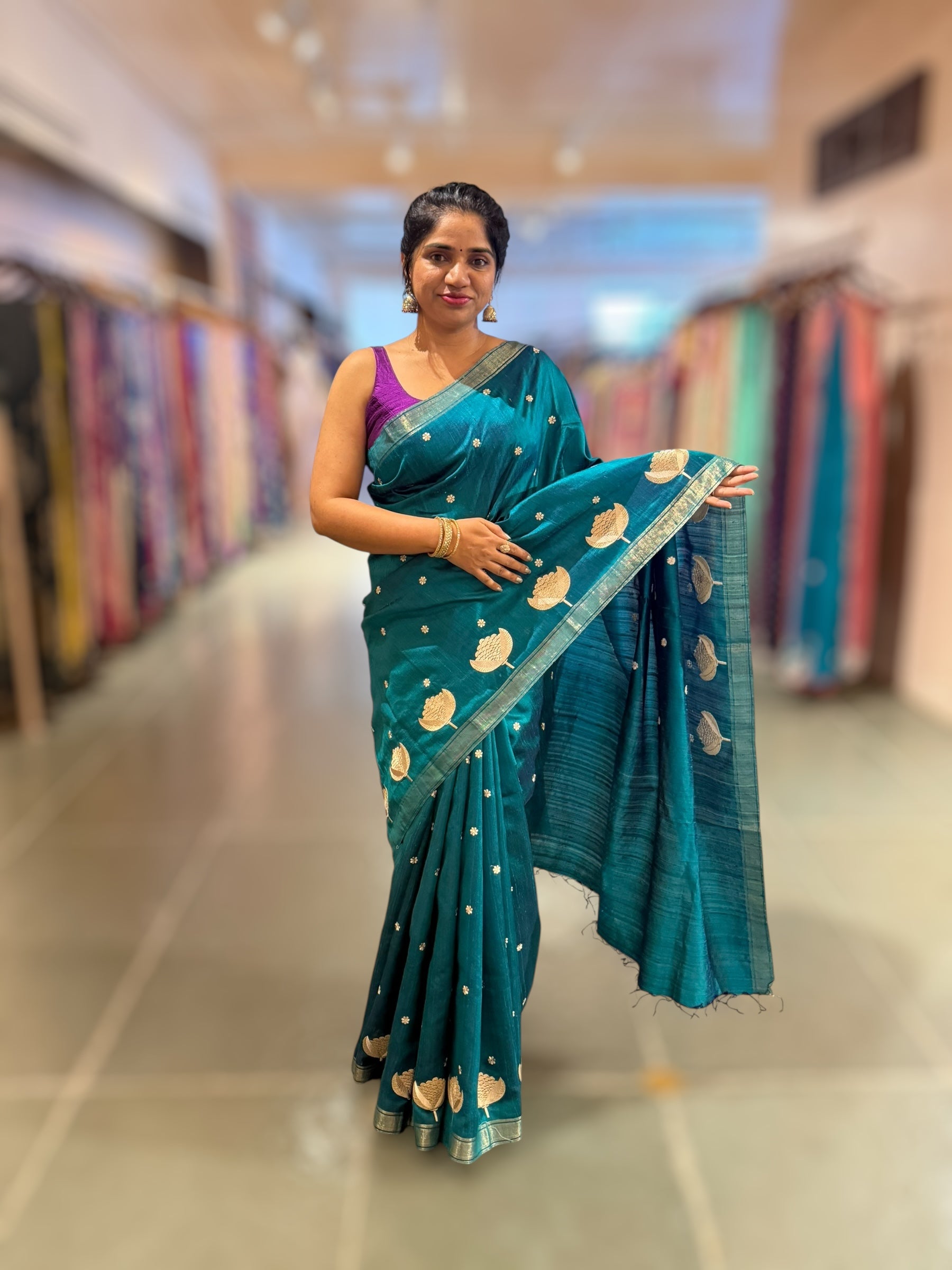 Peacock Blue Pure Handloom Raw Silk Saree