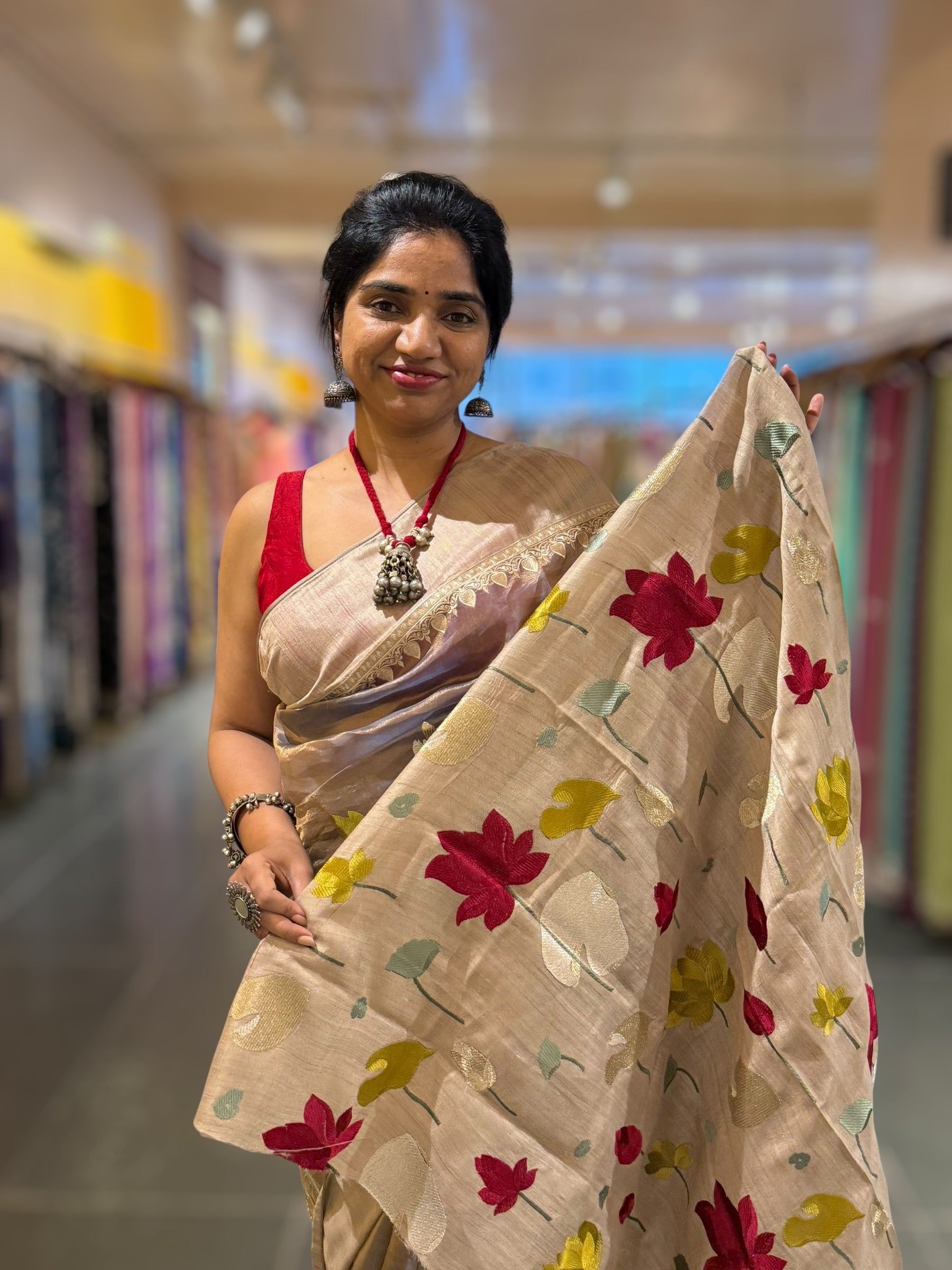 Violet Designer Handloom Tissue Saree With Tulip embroidery