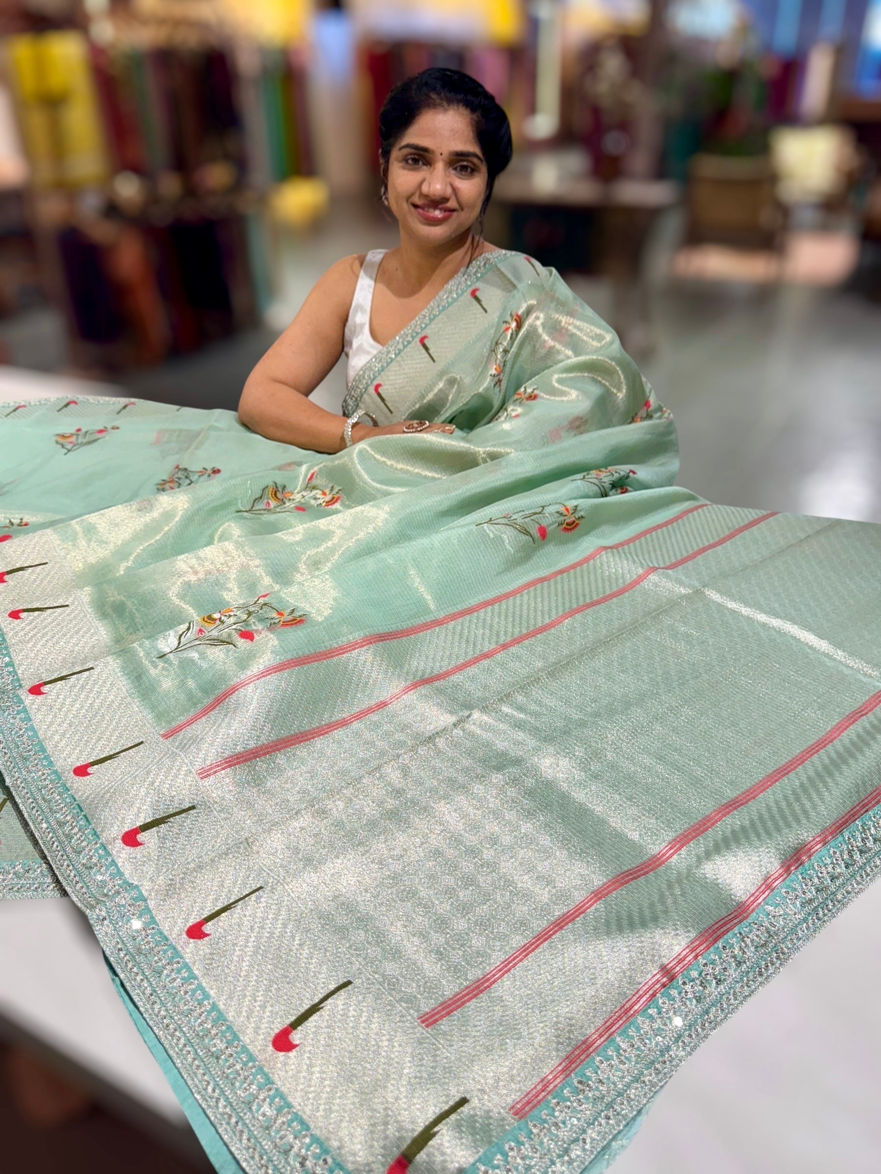 Sea Blue Tissue Kota Saree With sabhyasachi Borders and Blouses