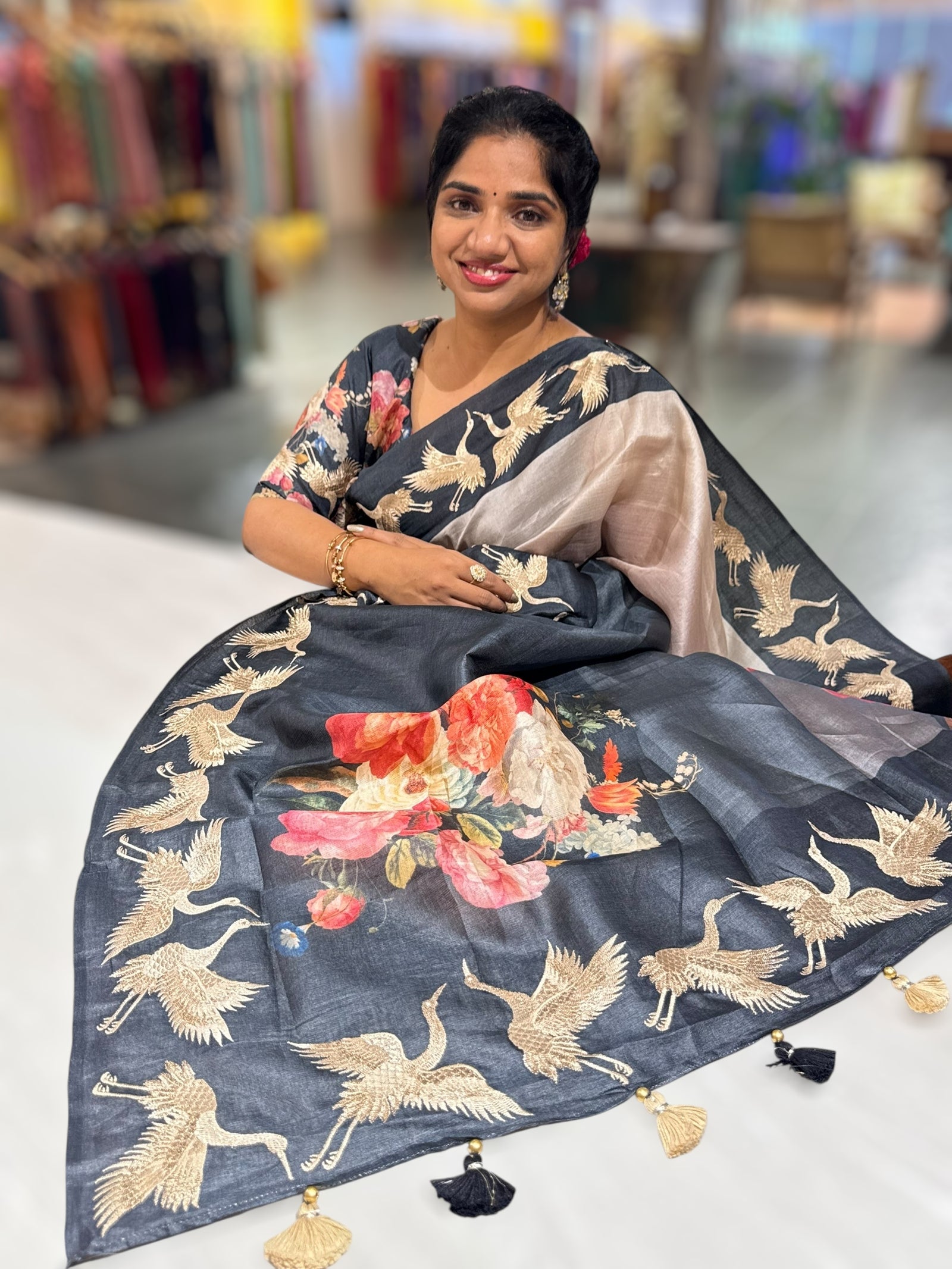 Tussar Rangkaat Saree With Crane Bird  Embroidered Border