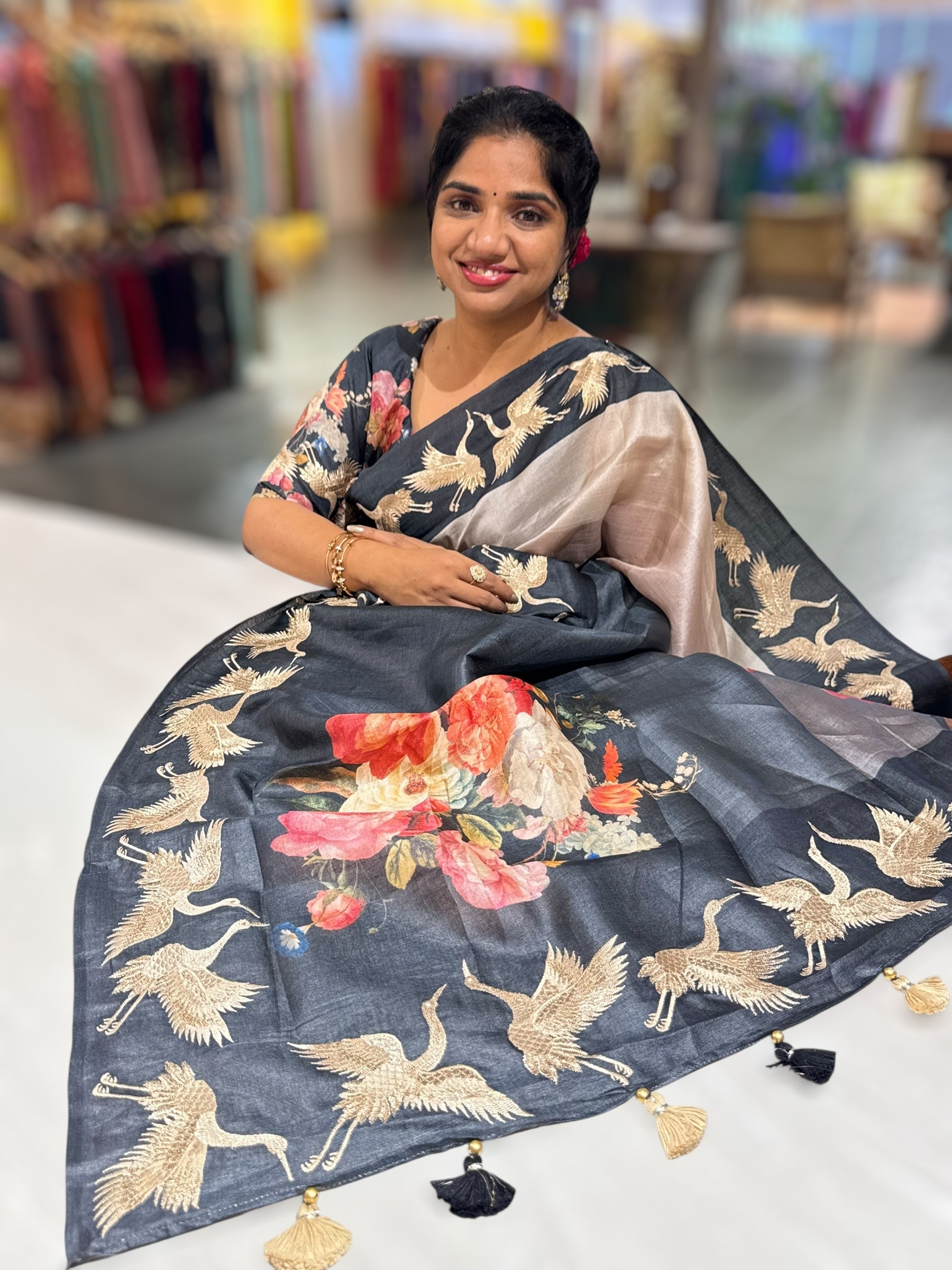 Tussar Rangkaat Saree With Crane Bird  Embroidered Border