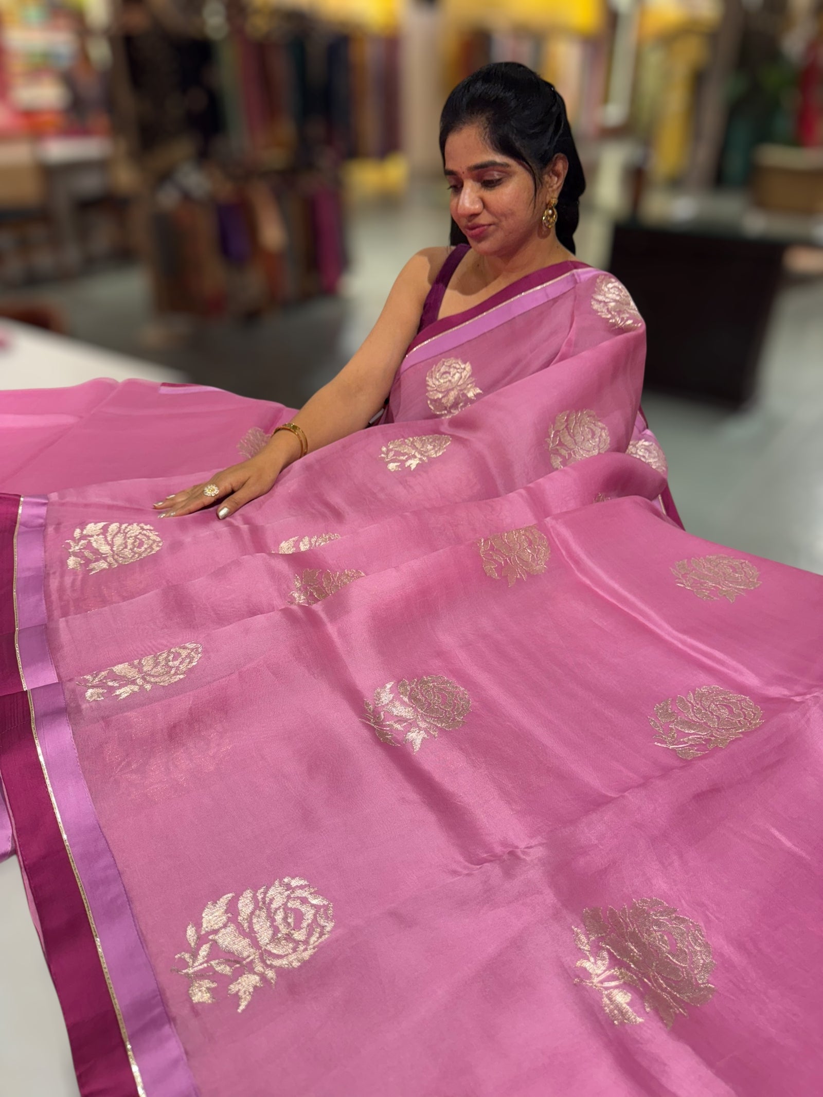 Rose Pink Pure Organza with embroidery