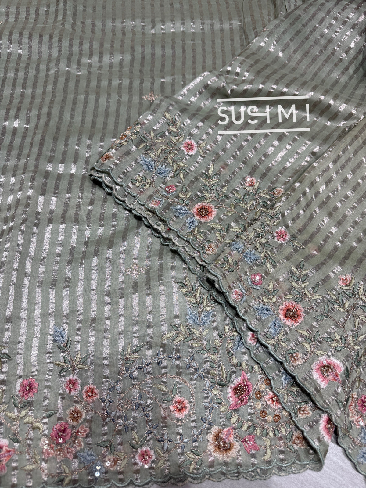 Mint mul tissue Saree with handcrafted floral border : SM024