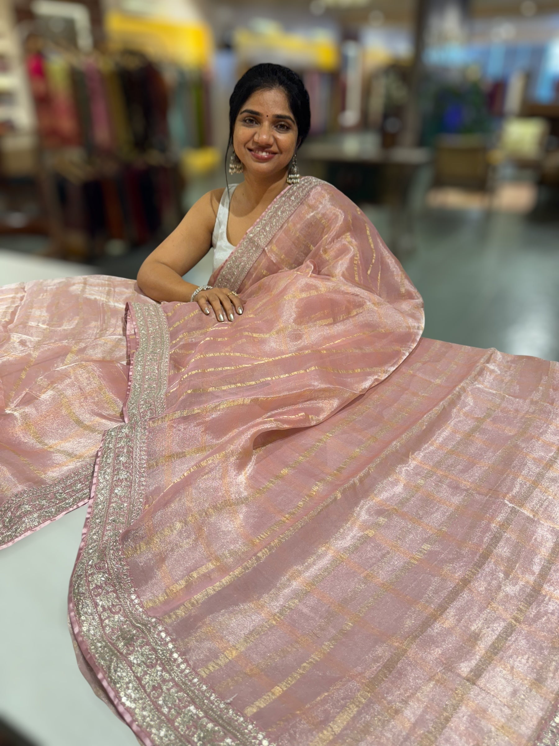 Pastel Pink Banarasi Tissue checks Saree with Sabyasachi Borders