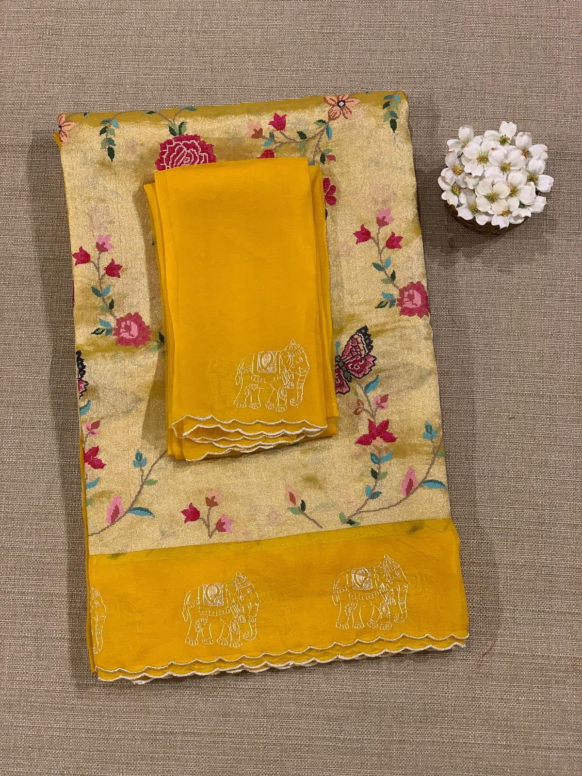 Mango Yellow Premium Handloom Designer Tissue saree with exquisite embroidery