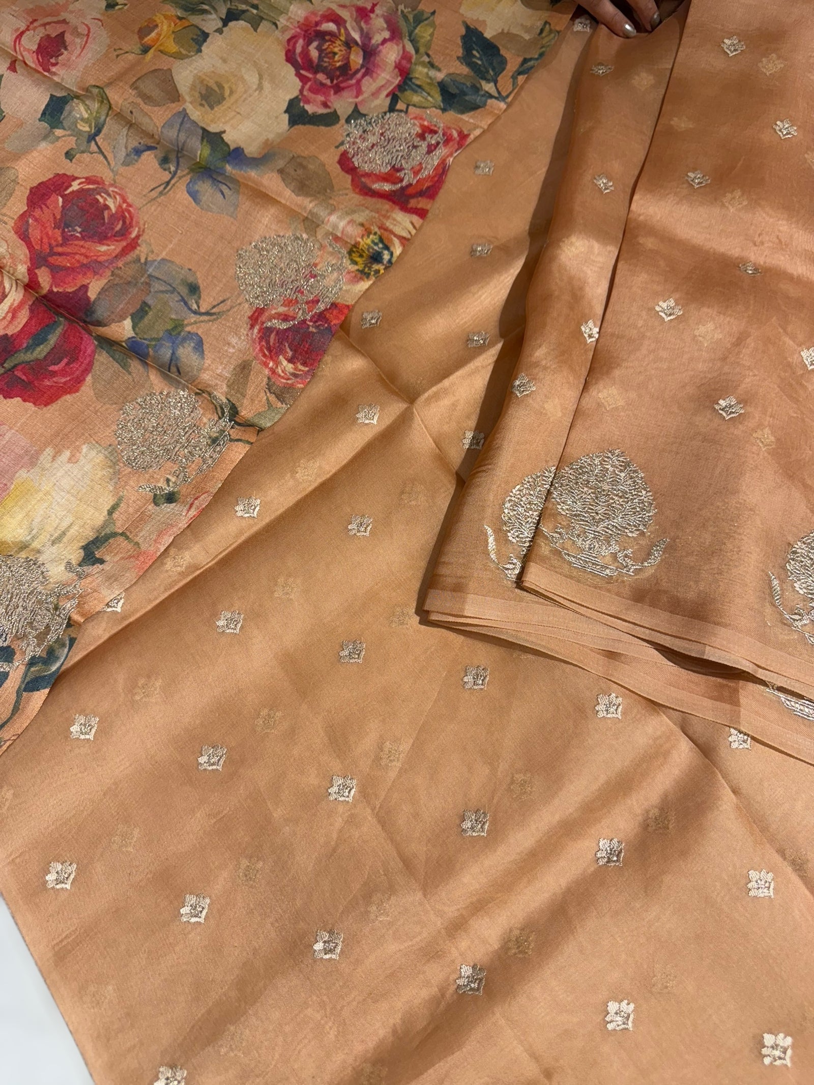 Peach Organza Saree With Embroidered Motifs & Tussar Printed Blouse