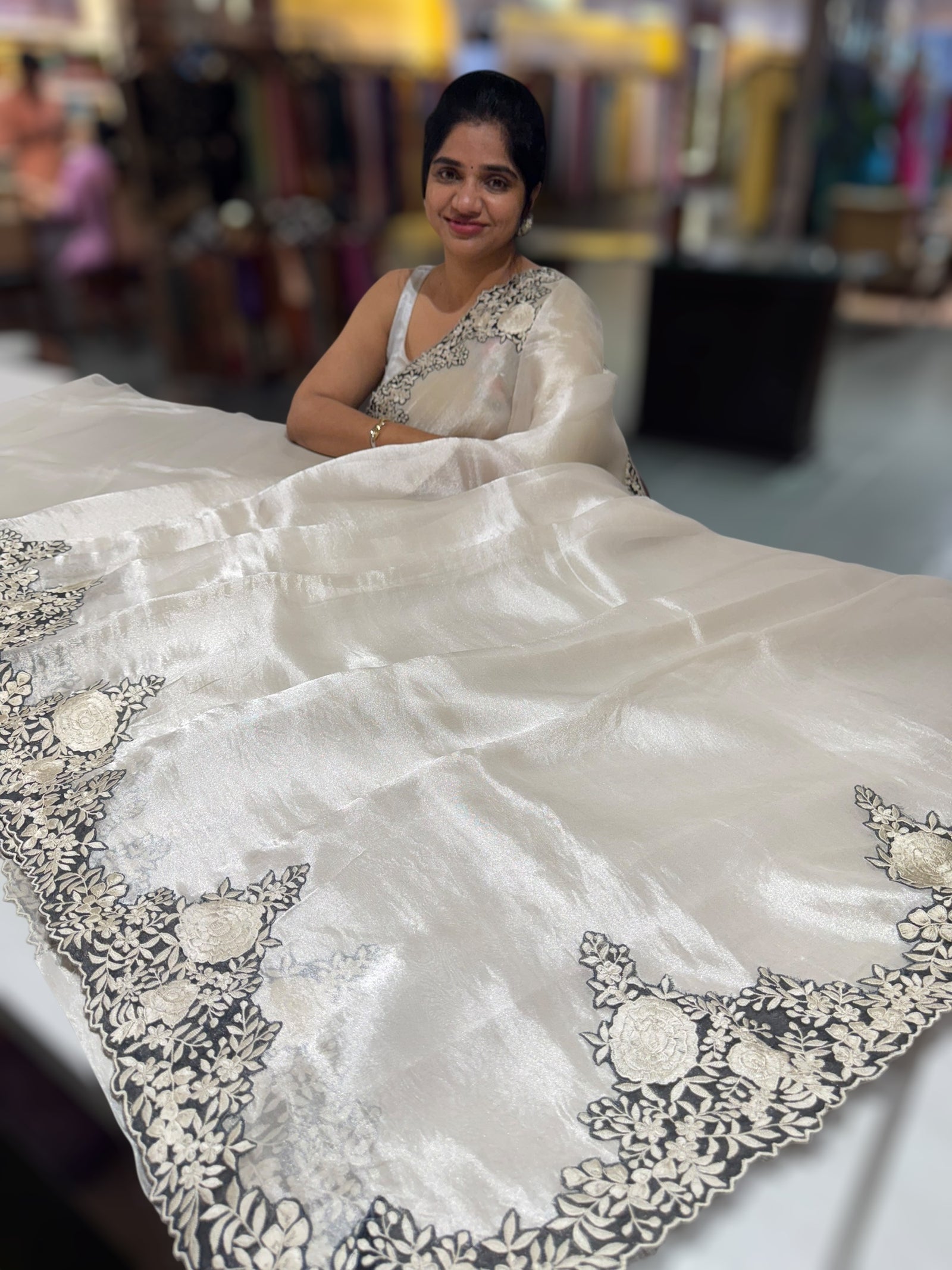 Silver Banarasi Tissue Saree with Parsi gara embroidery