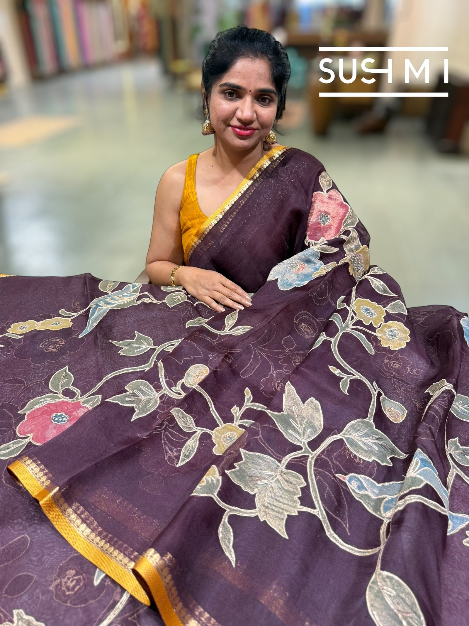 Winish Brown Designer Organza with Tissue applique work : S62F095