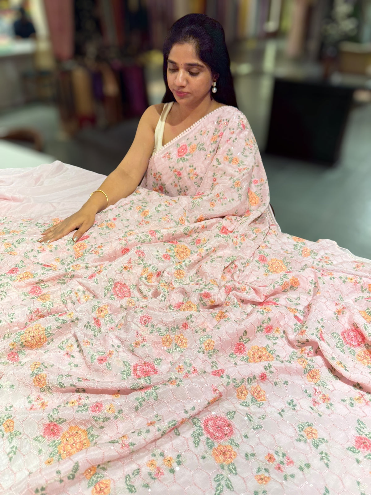 Baby Pink Chinnon saree with allover petite point embroidery