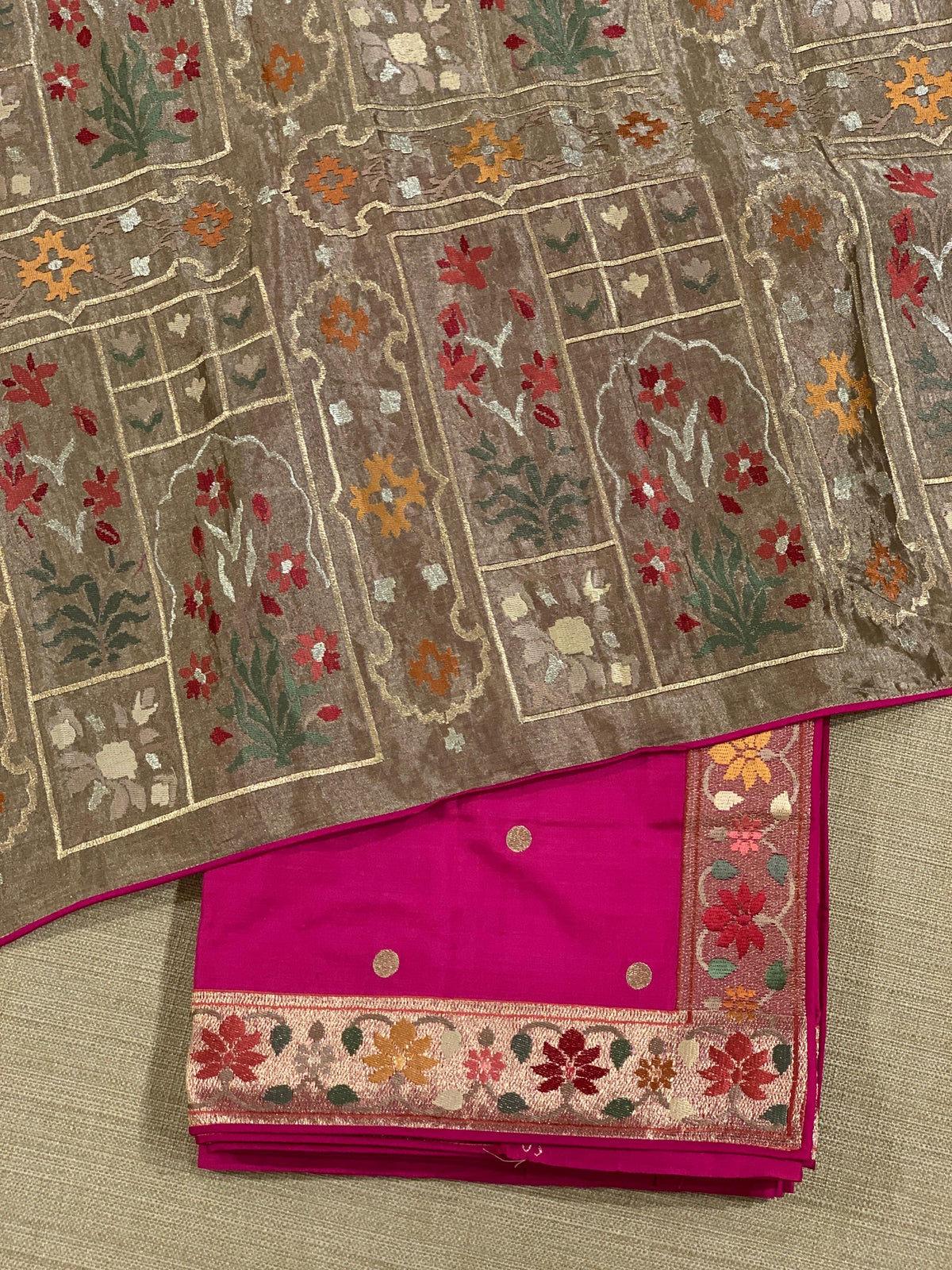 Rani Pink Kanchi soft silk saree with pythani and jamdani inspired embroidery