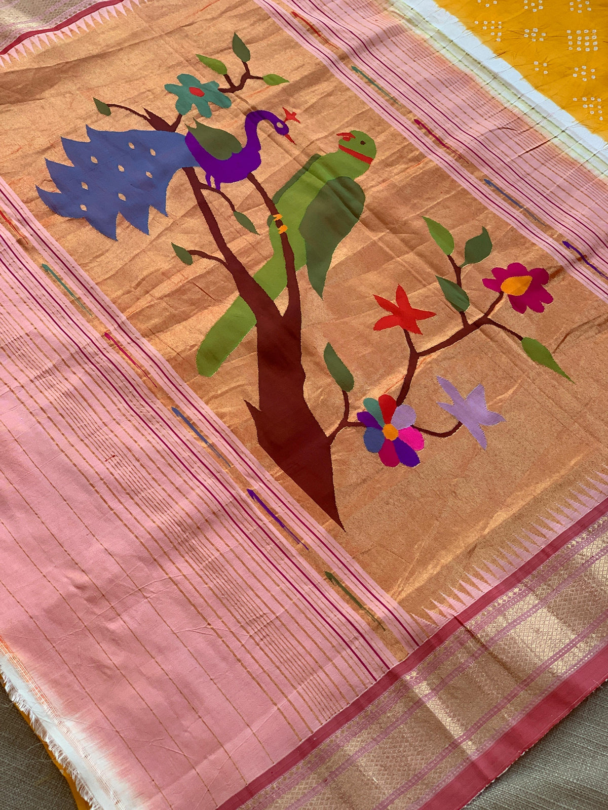 Yellow Pure handloom Bandhini paithani saree