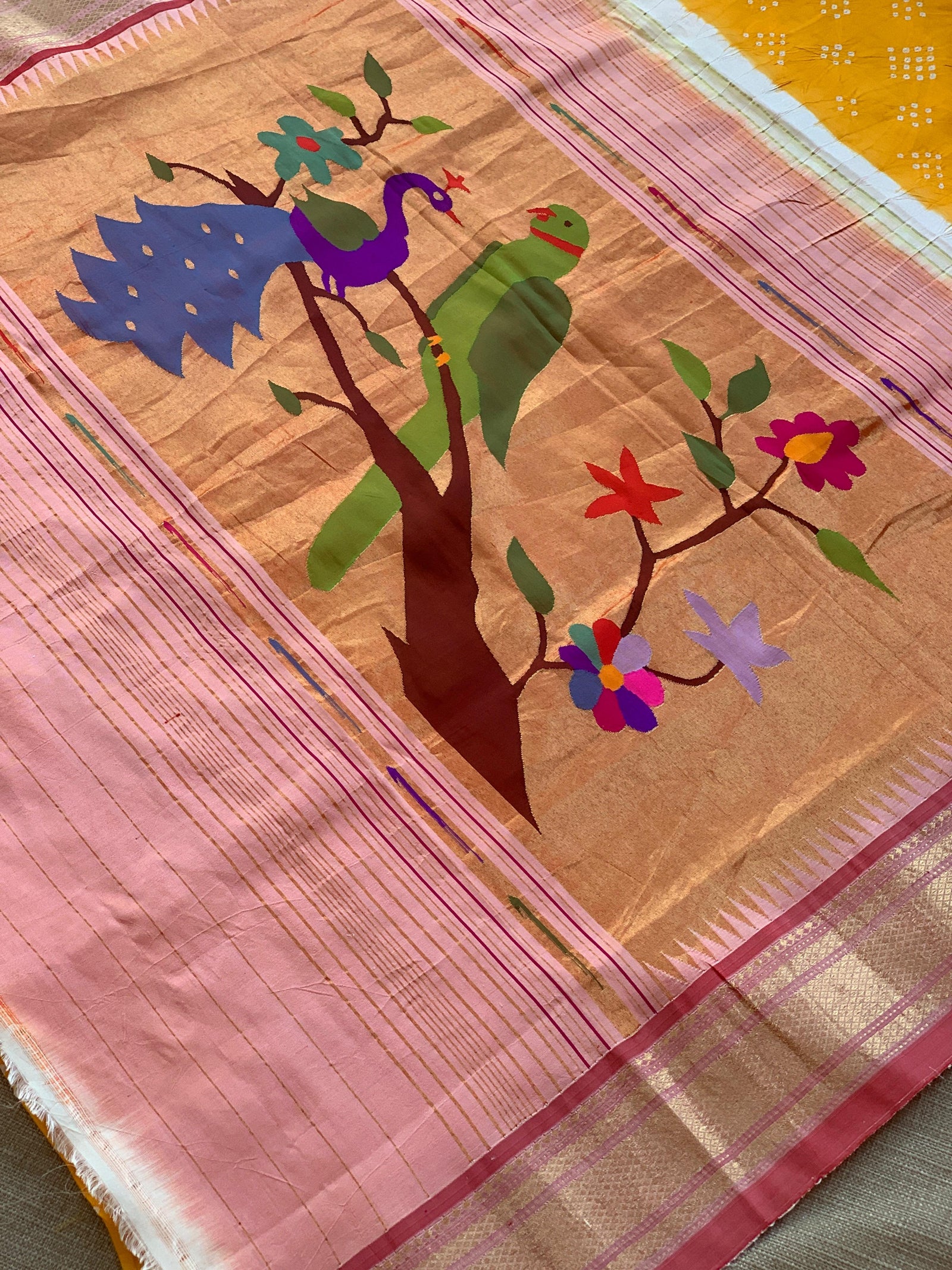 Yellow Pure handloom Bandhini paithani saree