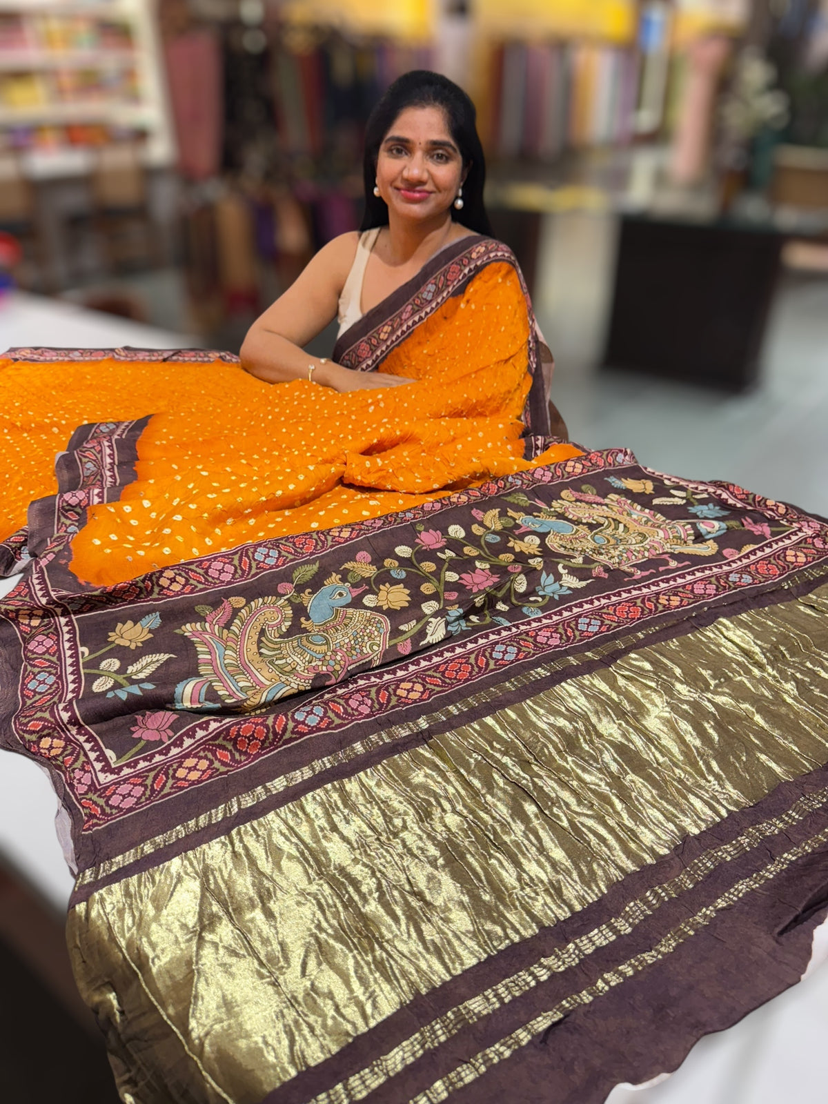 Mustard bandhini kalamkari modal satin saree